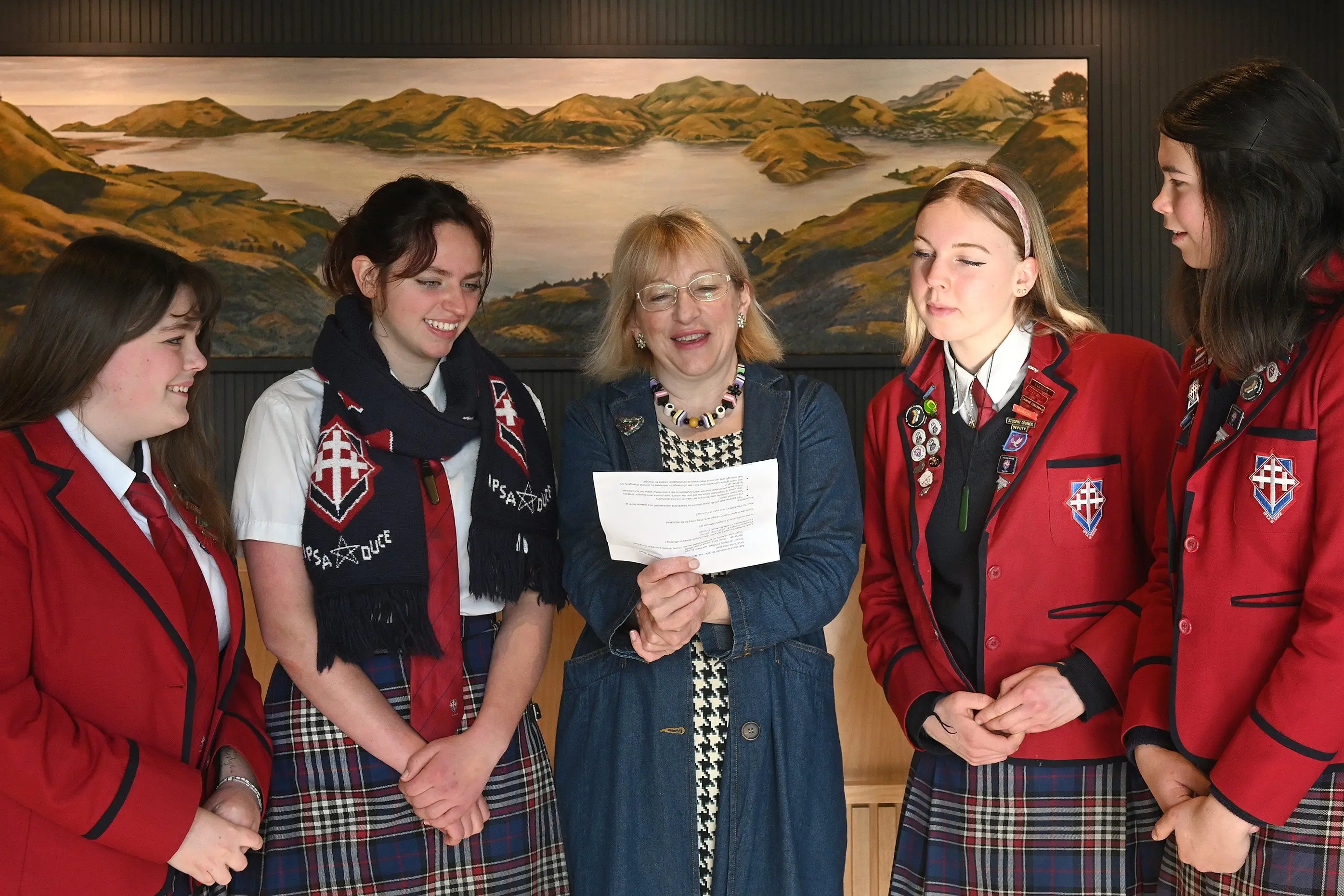 Meeting to discuss climate change with Dunedin Mayor Sophie Barker are Trinity Catholic College year 12 students (from left) Evie Dummer, 17, Theodora Clarke-Wallace, Daphne Kendrick and Made Newson, all 16. Photo: Linda Robertson
