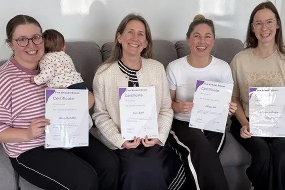 The work of The Breast Room is assisted by trained peer supporters, including recent trainees (from left) Mhairi, Emma, Philippa and Amy. Photo: Supplied