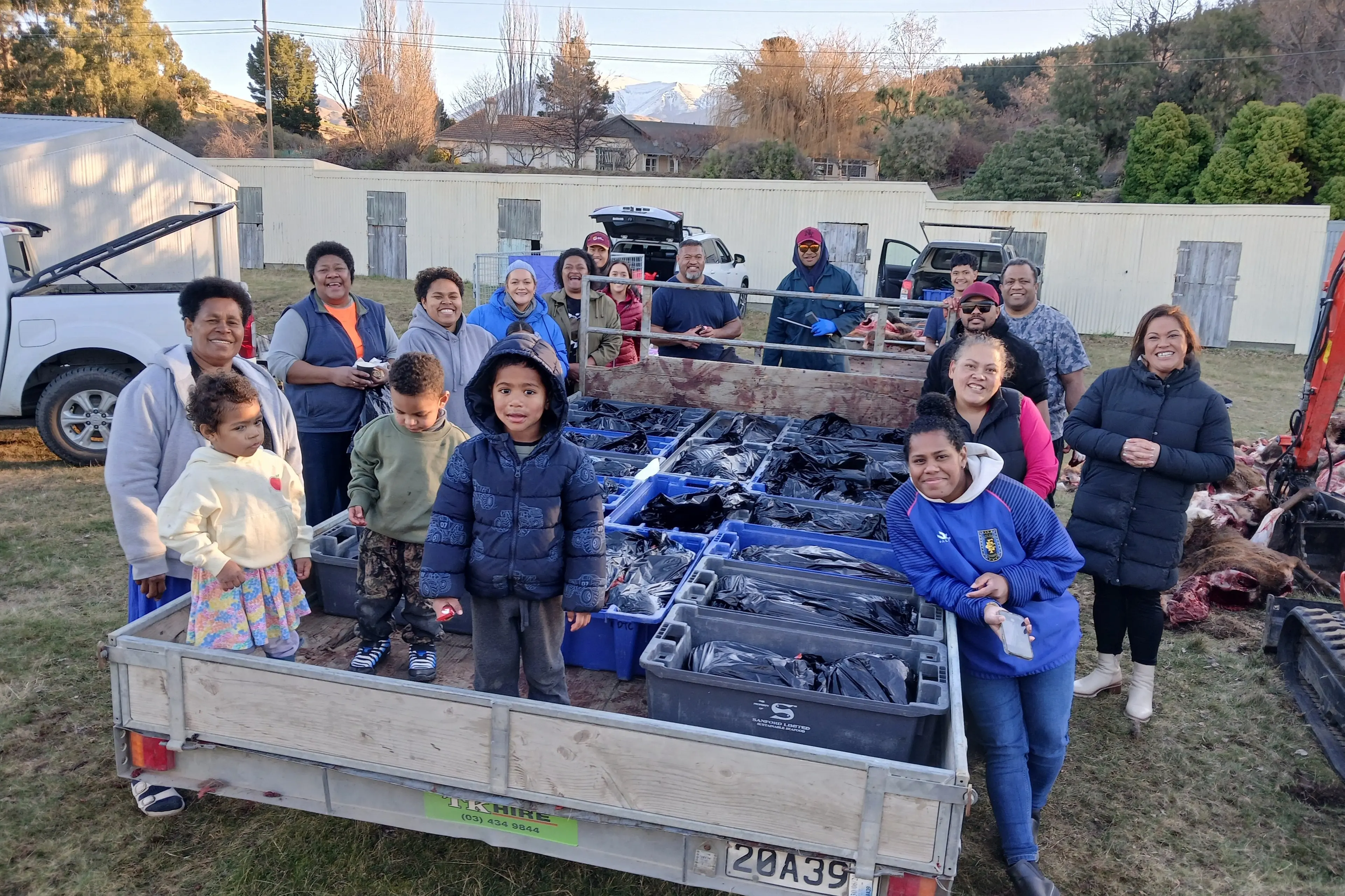 Oamaru Pacific Island Community Trust chief executive Hana Fanene-Taiti (far right) with members of the Pacific Island community who volunteered their time at the Deer to Care initiative in Kurow. Photo: Supplied