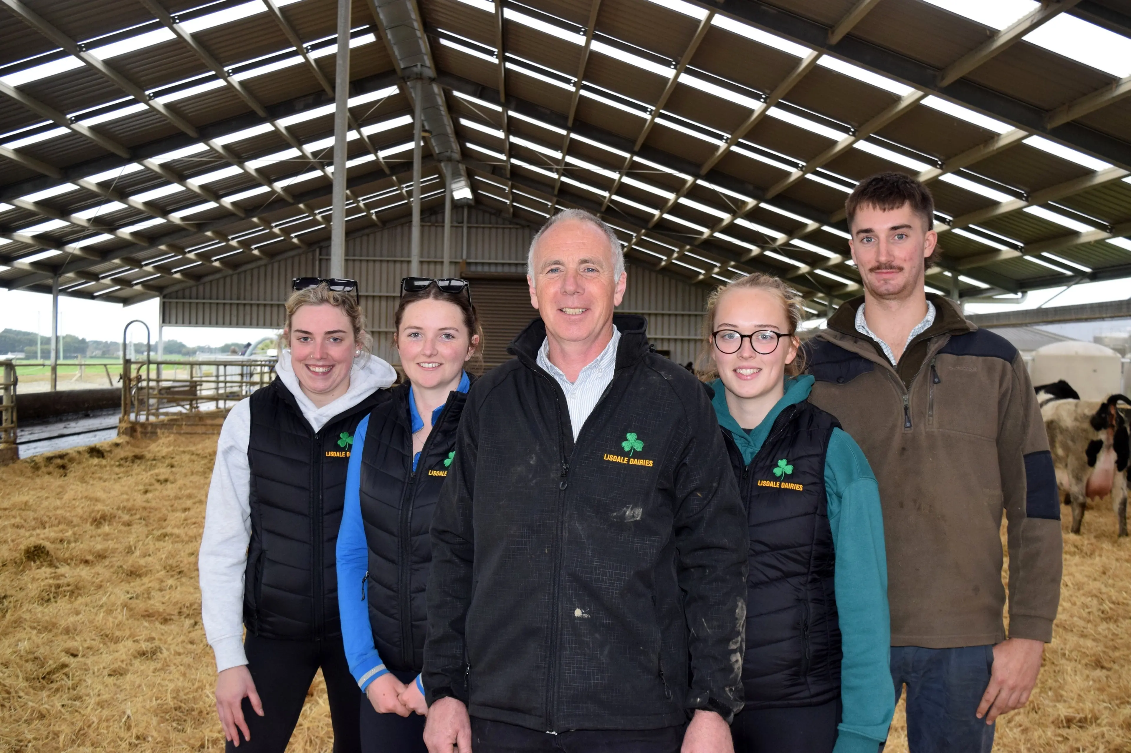 The team from Lisdale Dairies on Aerodrome Farm are (from left) farm assistant Orla Deasy, second-in-charge Sarah Parker, contract milker Jimmy Purden, farm assistant Lily Dunn and tractor driver Samuel King. Photo: Shawn McAvinue