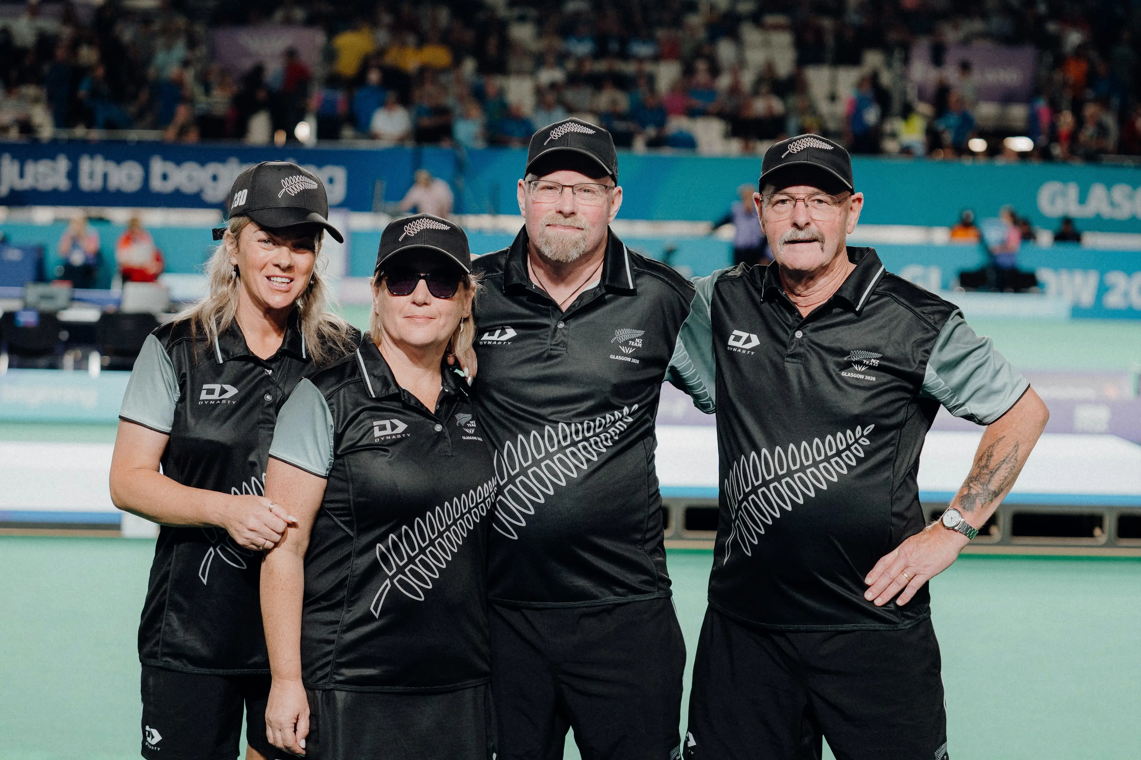 Out but not down are the New Zealand para bowling team: (from left) director Kimberly Carraher, para-athlete Sonya Woodrow, para-athlete Kerrin Wheeler and his director and father, Colin Wheeler. Photo: NZ Team