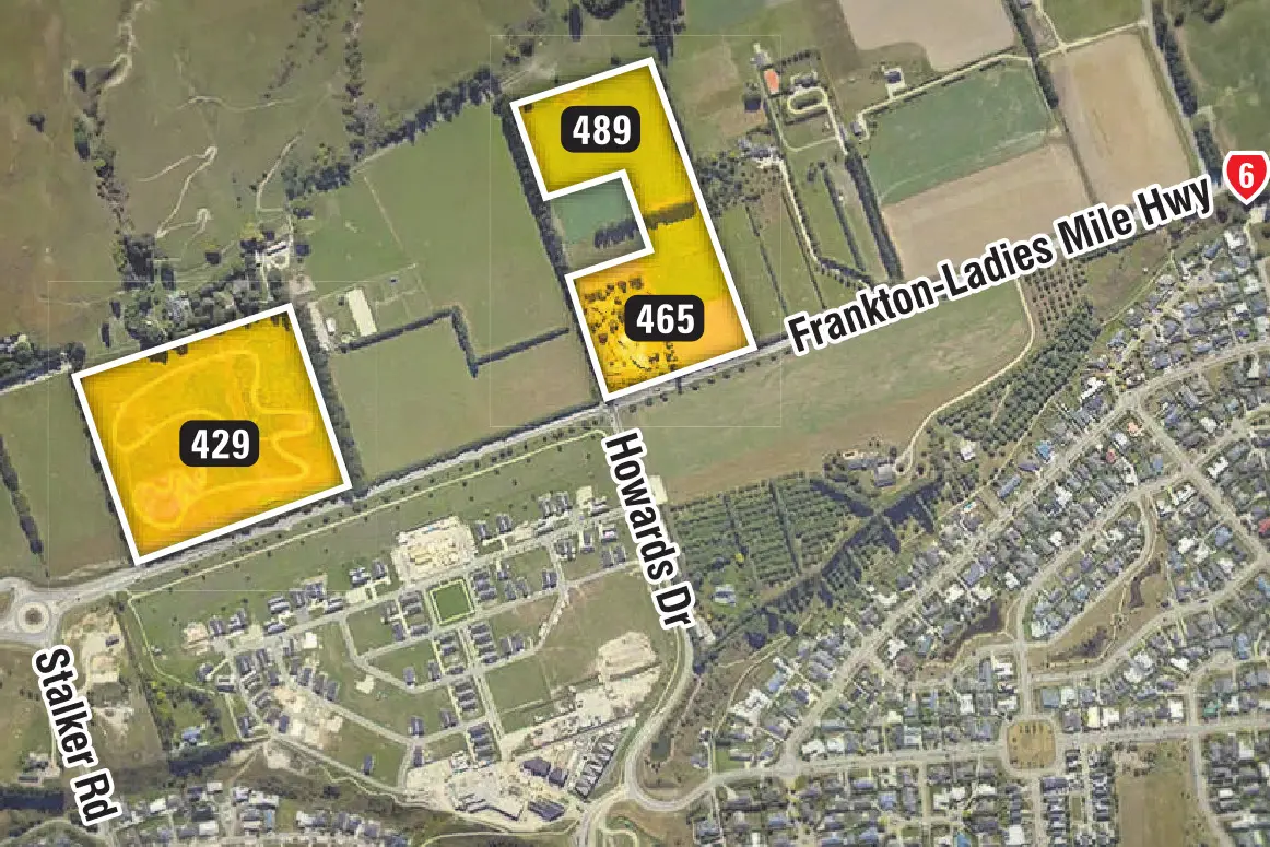 The three parcels at 429, 465 and 489 Frankton-Ladies Mile Highway are owned by developer Clarke Group.GRAPHIC: ODT