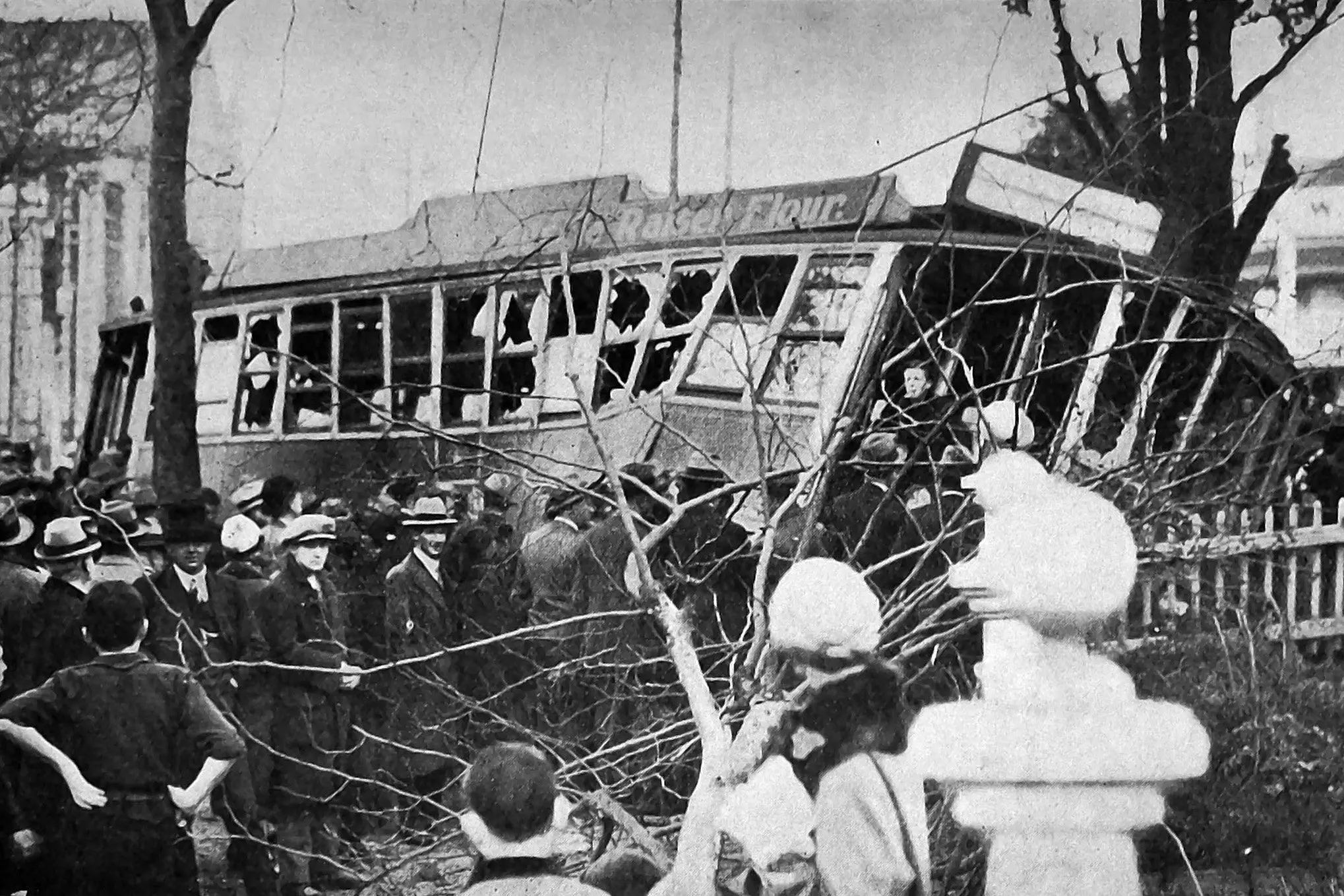 The runaway tram in Auckland: At the intersection of Wellesley St and Symonds St it left the rails, carried away a tree, and crashed into a garden fence. Photo: <i>Otago Witness</i>, issue 3781, August 31, 1926, page 40