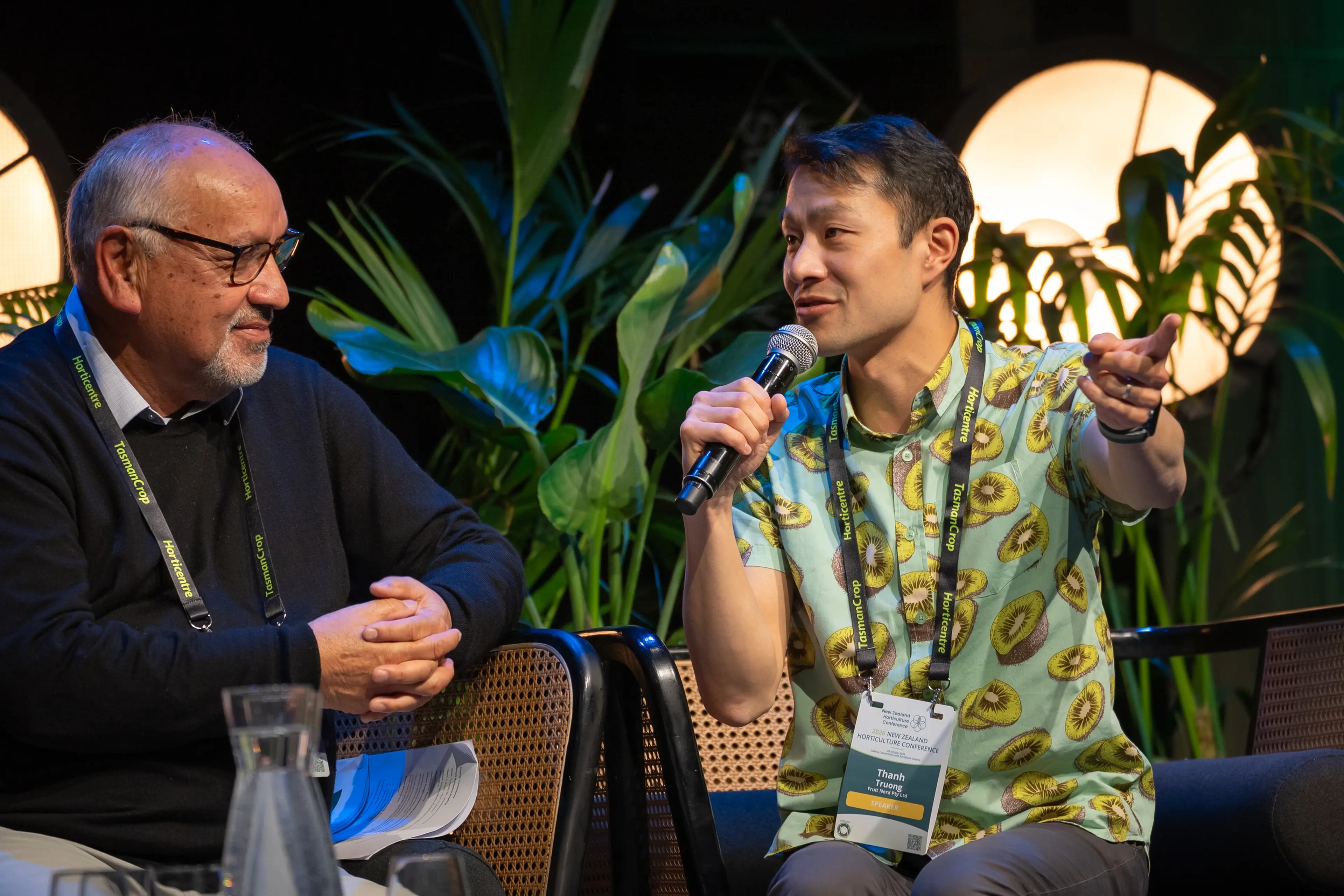 Talking about future consumers are M\\u0101ori\\u00A0Kiwifruit Growers chairman Geoff Rolleston (left) and The Fruit Nerd content creator Thanh Truong at the recent Horticulture NZ conference in Wellington. Photo: Supplied