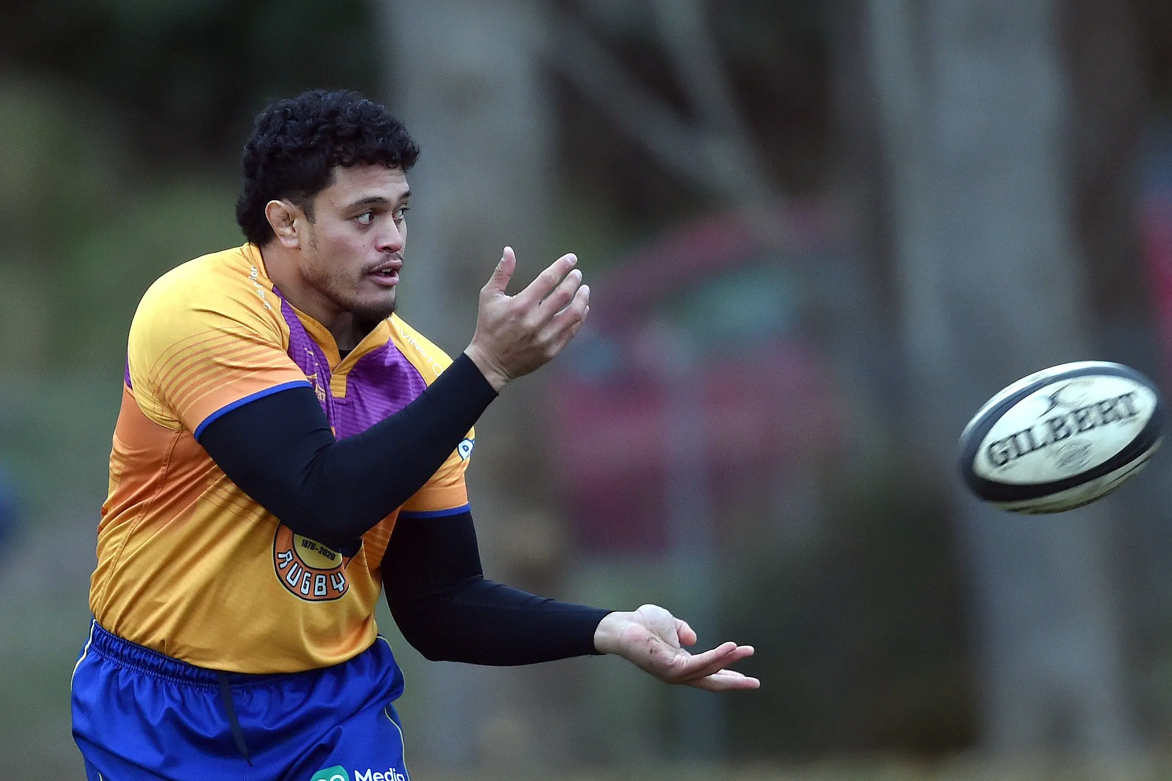 Otago captain Christian Lio-Willie fires off a pass during a training session at Logan Park on Thursday. Photo: Peter McIntosh