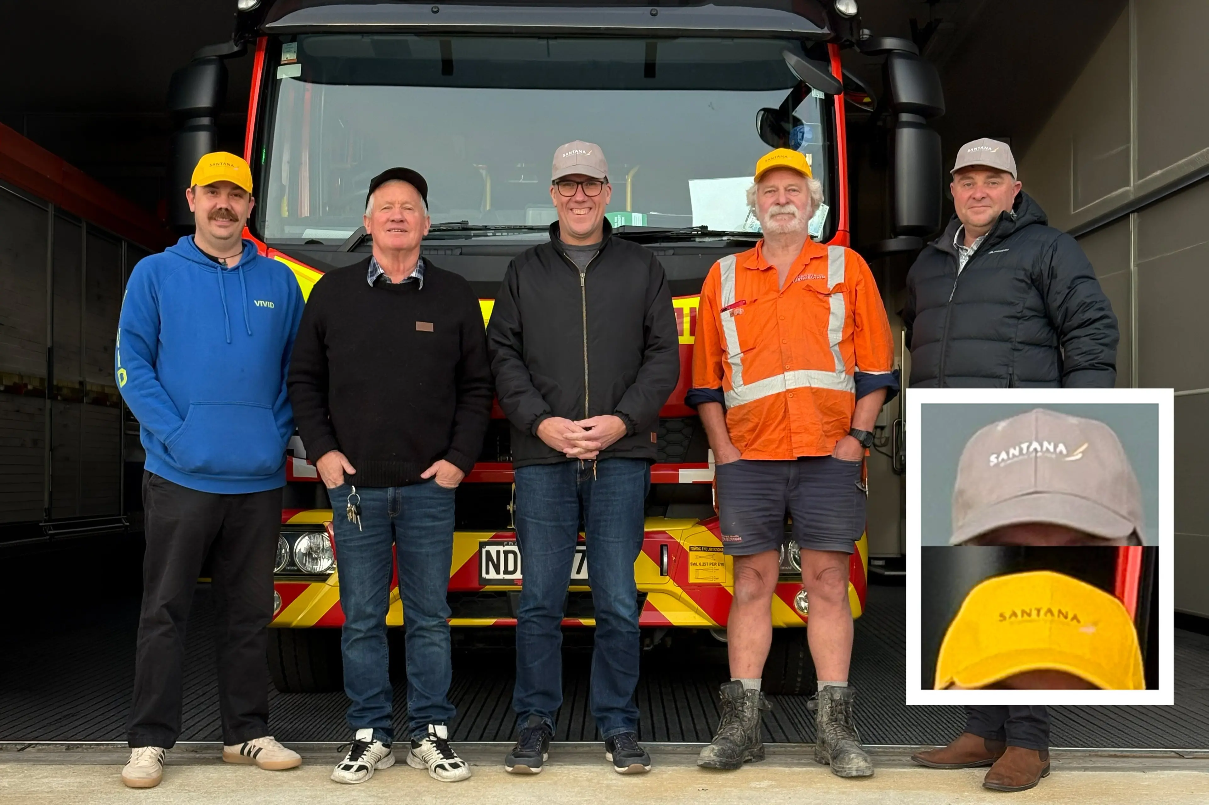 Sporting new Santana mine supporters caps (inset) sold to raise funds for the local fire brigades are (from left) Vivid Design + Print owner Nathan Kippenberger, Santana Mine Supporters spokesman Bill Sanders, Santana Minerals chief executive Damian Spring, Tarras Volunteer Fire Brigade Chief Fire Officer Mark Davidson, Cromwell Volunteer Fire Brigade Deputy Chief Fire Officer Mike Borthwick at Cromwell fire station on Wednesday. Photo: supplied