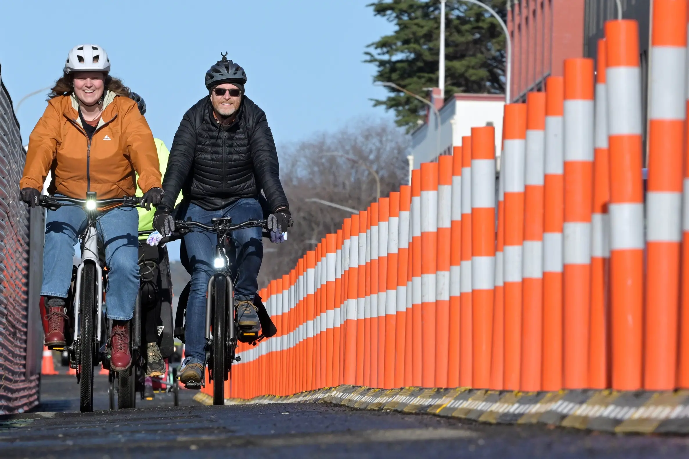 Devonia Kruimer and Nathan Kershaw, riding tandem with daughter Beatrice, 8, test out the alterations to the cycleway at State Highway 1 near the new Dunedin hospital building site on Saturday.\\u00A0Photo: Gerard O\\'Brien