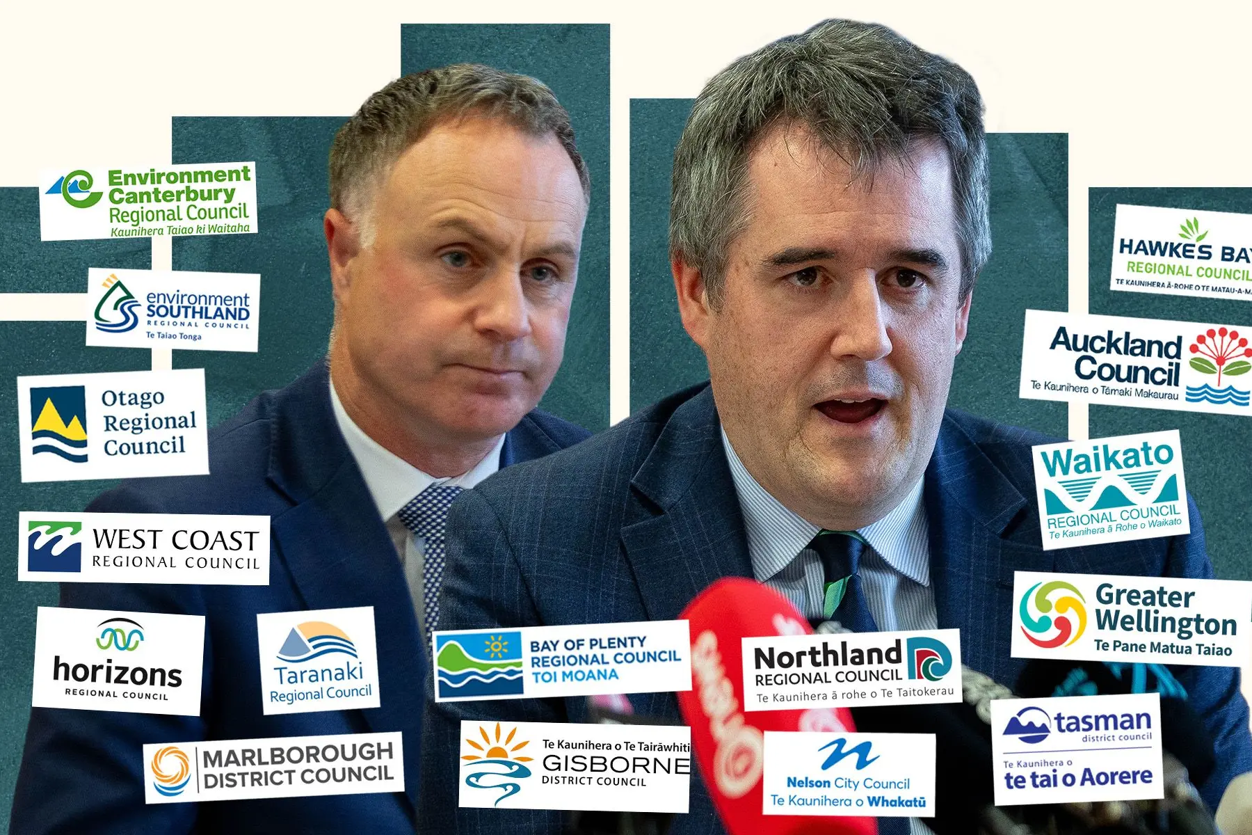 Local Government Minister Simon Watts (left) and RMA Reform Minister Chris Bishop say the current local government system is too complex, too costly and too hard to navigate. Photo: RNZ