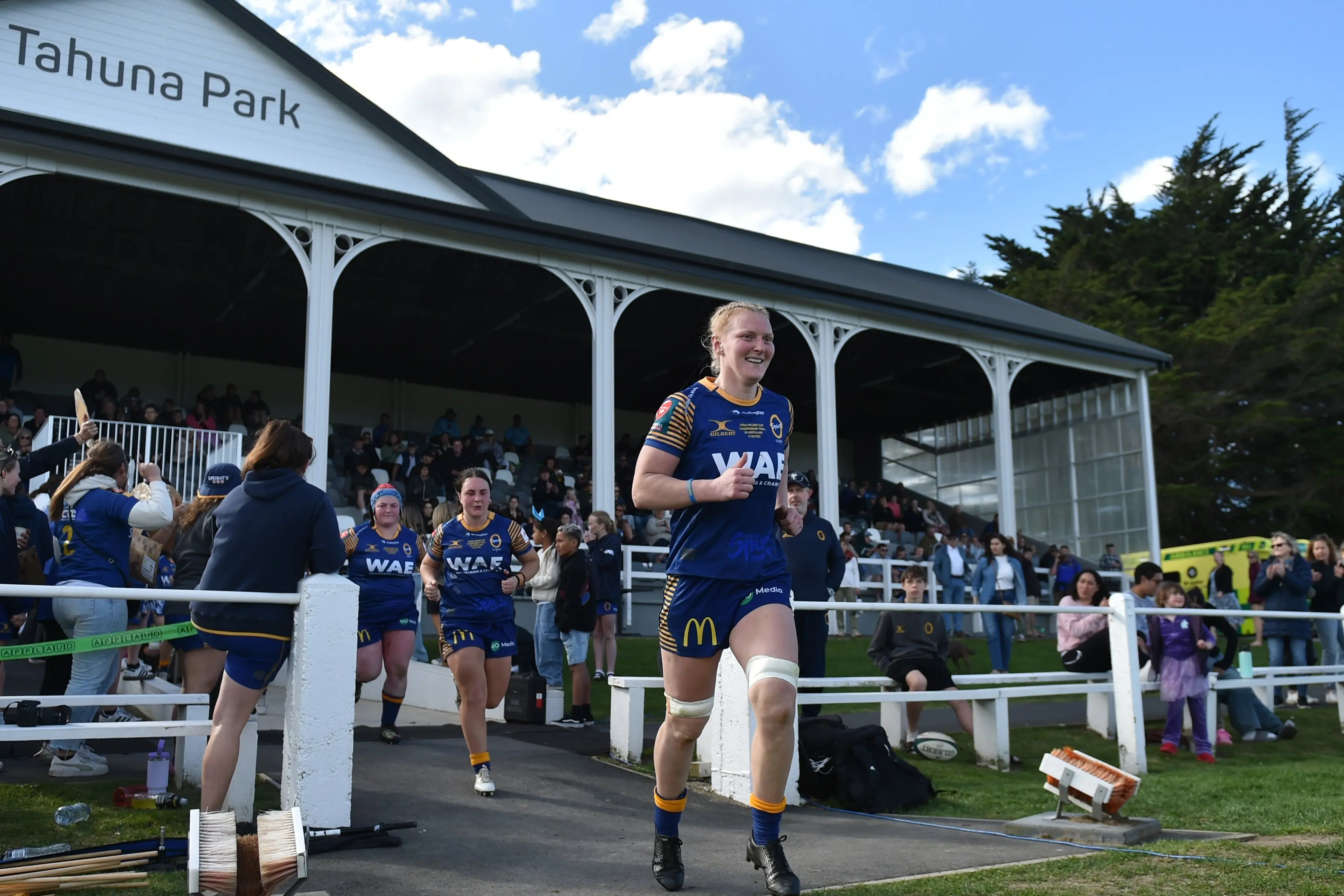 Greer Muir, pictured leading Otago out during the Farah Palmer Cup Championship final last year, scored a hat-trick on her return to the Dunedin Sharks in the Dunedin division 1 women\\'s competition at the weekend. Photo: Gregor Richardson