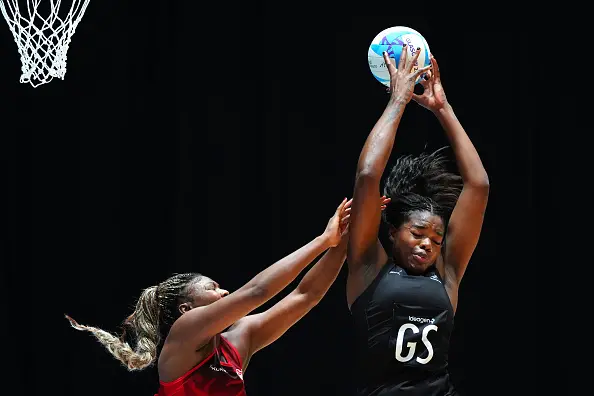 Silver Fern Grace Nweke (right) and Halimat Adio, of England, battle for the ball during the semifinal match on Saturday. Photo: PA Images via Getty Images