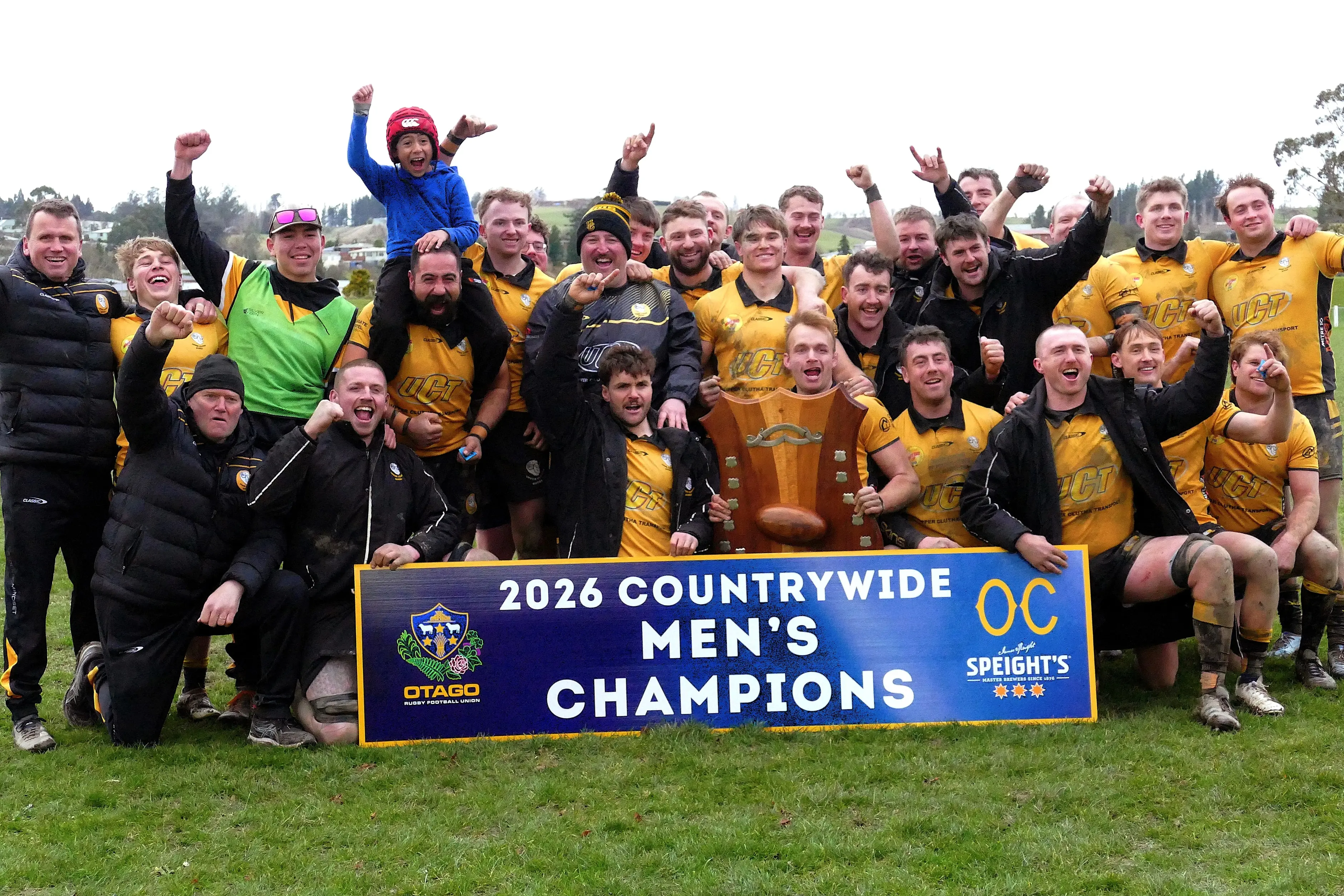 Upper Clutha players celebrate victory over Clutha in the Countrywide club rugby final in Balclutha on Saturday. Photo: Richard Davison
