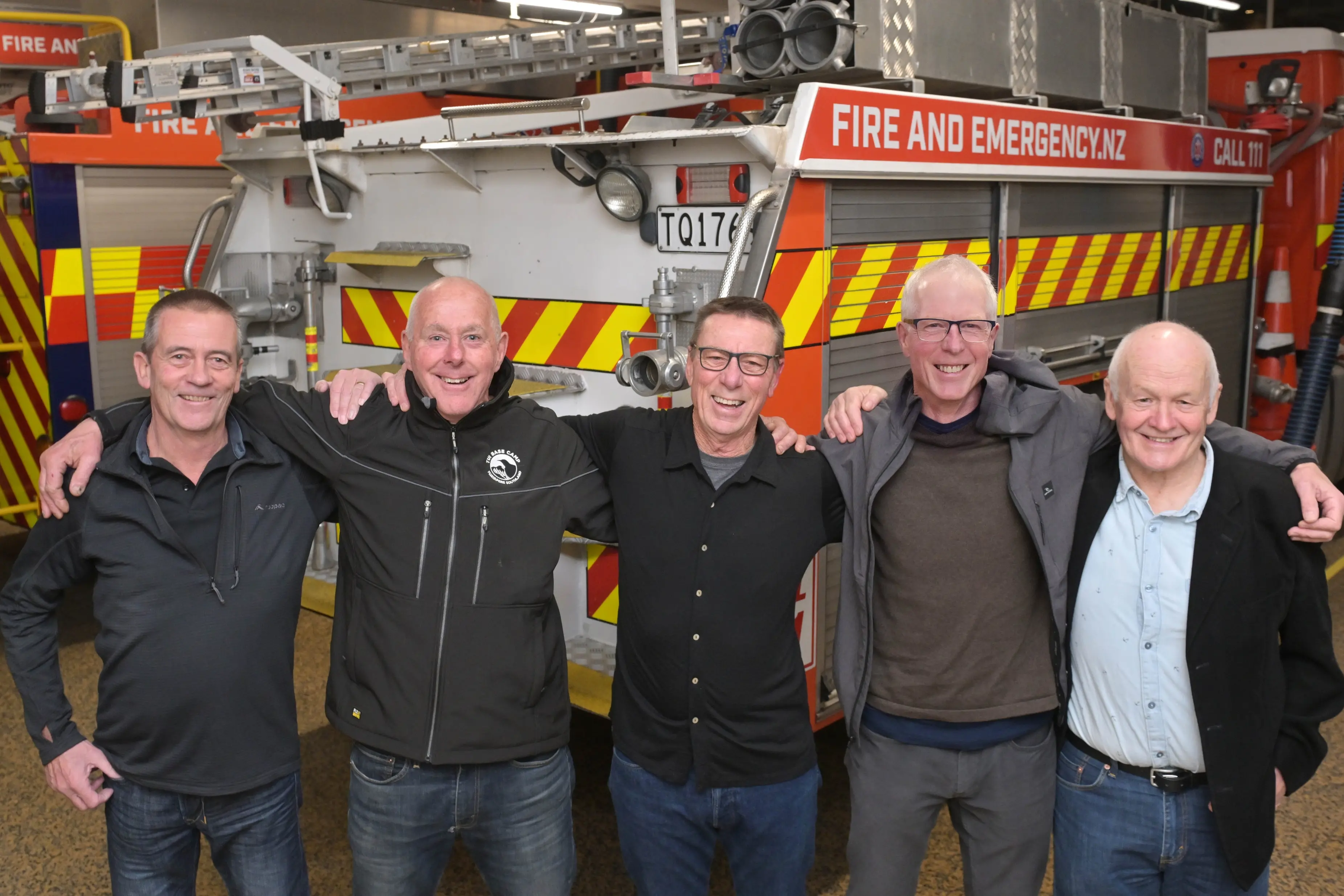 Celebrating their retirement, long-serving members of the fire service, from left, Richard Huuskes (42 years\\' service), Robin Hulsbosch (36), Glenn Roberts(43), Ron Oranje (35) and Alan McNeill (47) at the Dunedin Fire Station on Saturday.\\u00A0Photo: Gerard O\\'Brien