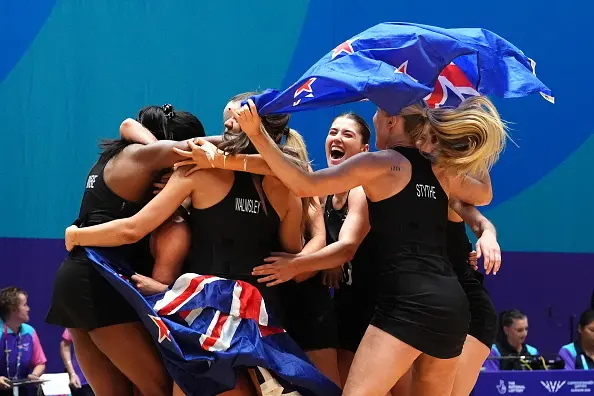 Silver Ferns players celebrate winning gold in the netball gold medal match at The Hydro during day ten of the 2026 Commonwealth Games in Glasgow. Photo: Getty Images