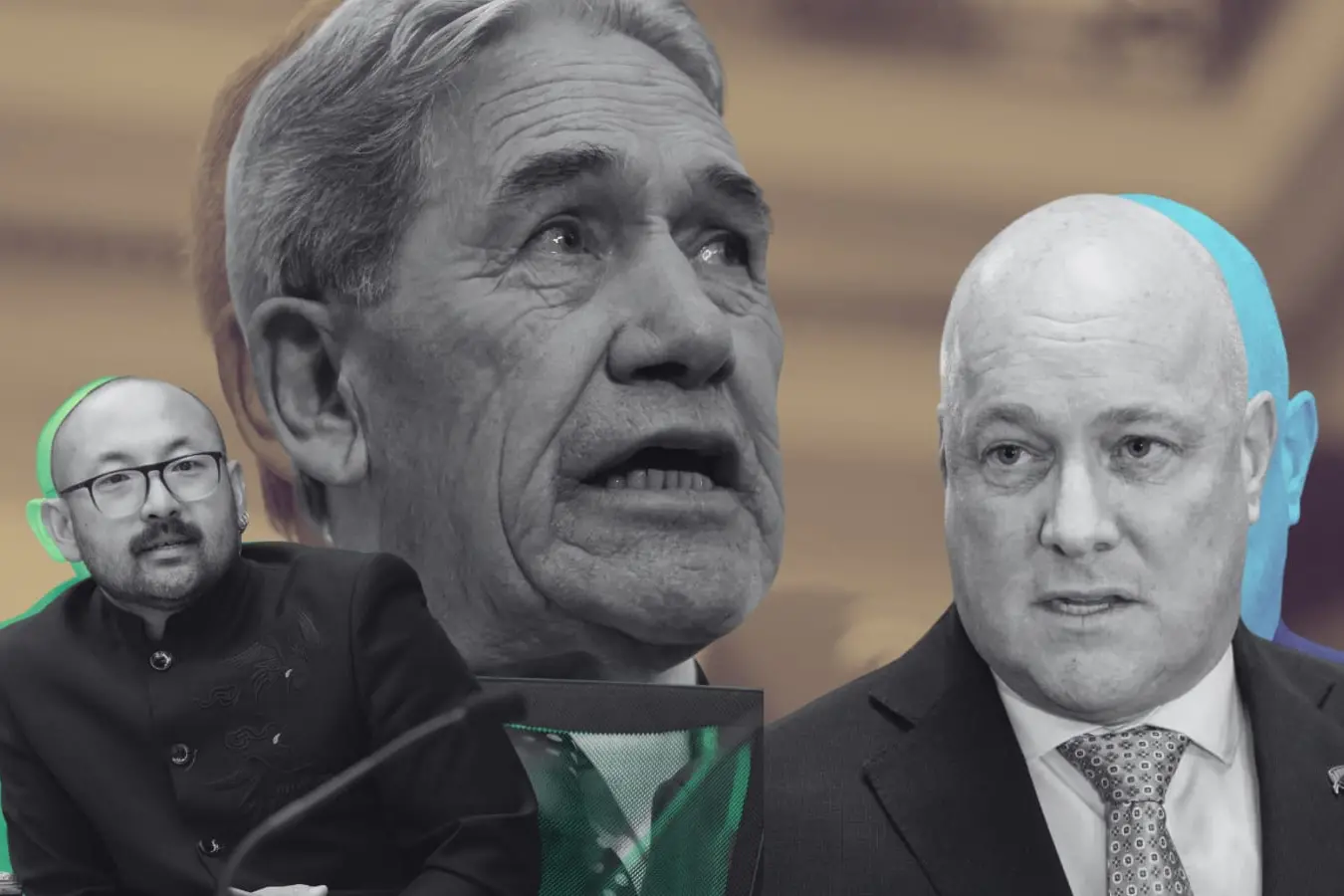 Christopher Luxon (right) plans to talk to Winston Peters (middle) after his \"racist\" comments directed towards Lawrence Xu-Nan. Graphic: RNZ