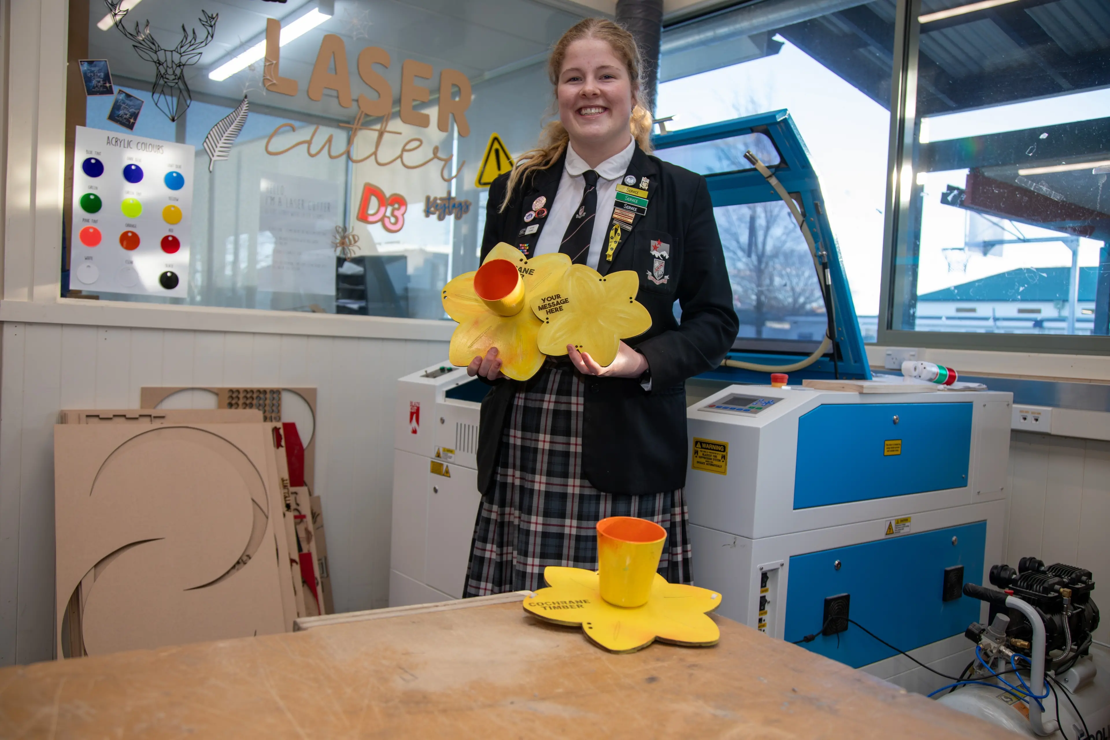 Mount Hutt College year 13 student Georgia Monk is making daffodils, engraved with personalised messages, to support people affected by cancer. Photo: Heather Mackenzie