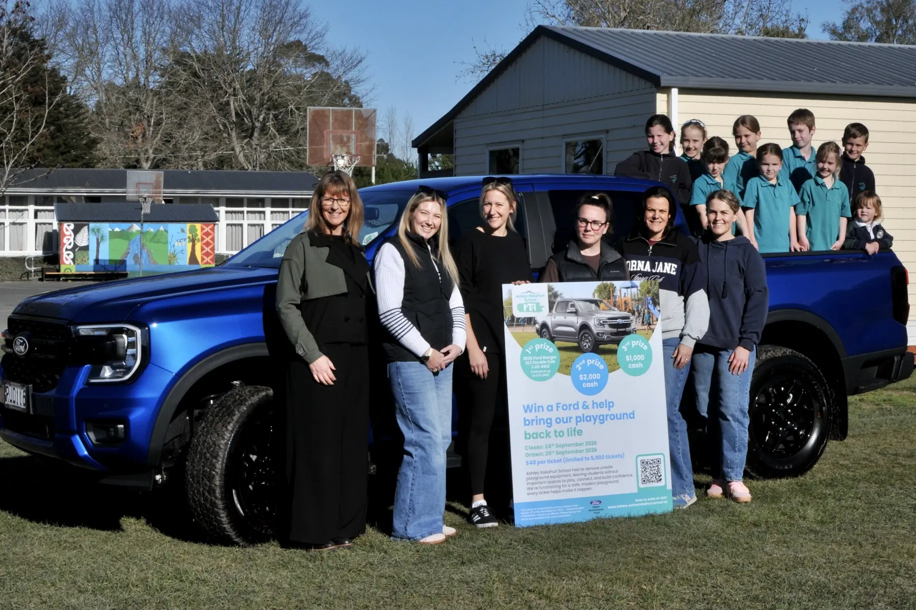 Eyes on the big prize\\u2026 Ashley Rakahuri School principal, Linda Horne, far left, with the school\\u2019s Parent Teacher Association (PTA) president, Emma Clifford and other PTA members, Kate Dyer, Victoria Gascoyne, Janine Young, Chelsea Gregory-Hunt, with some of the school\\u2019s Year 1-4 children checking out the brand new Ford Ranger XLT Double Cab 3.0D 4WD vehicle valued at up to $74,000. PHOTO: SHELLEY TOPP\\n\\nBy SHELLEY
