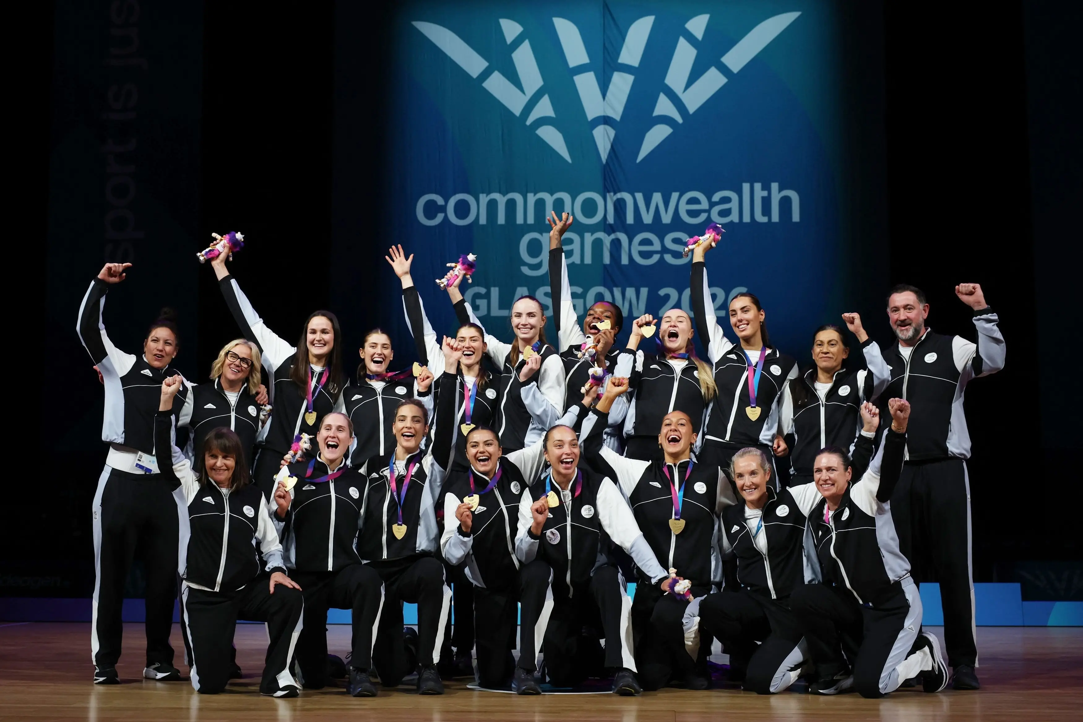 The Silver Ferns celebrate after beating Jamaica to be crowned champions at the Commonwealth Games in Glasgow. Photo: Reuters