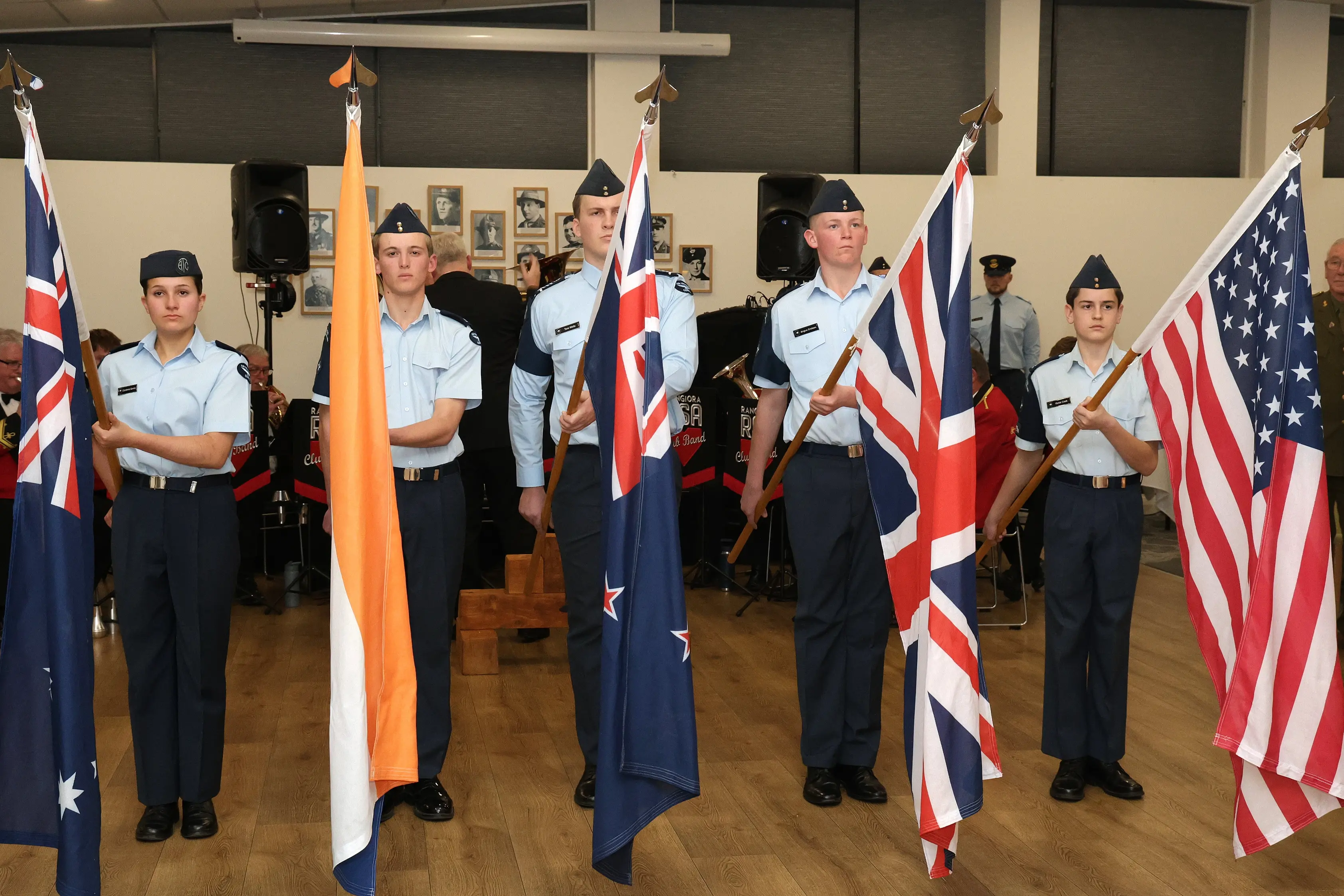 On parade .. . Cadets from Number 88 Squadron Waimakariri Air Training Corp march on the flags of the five countries represented by attendees at the Rangiora RSA\\u2019s second annual Joint Services Ball. Photo: John Cosgrove
