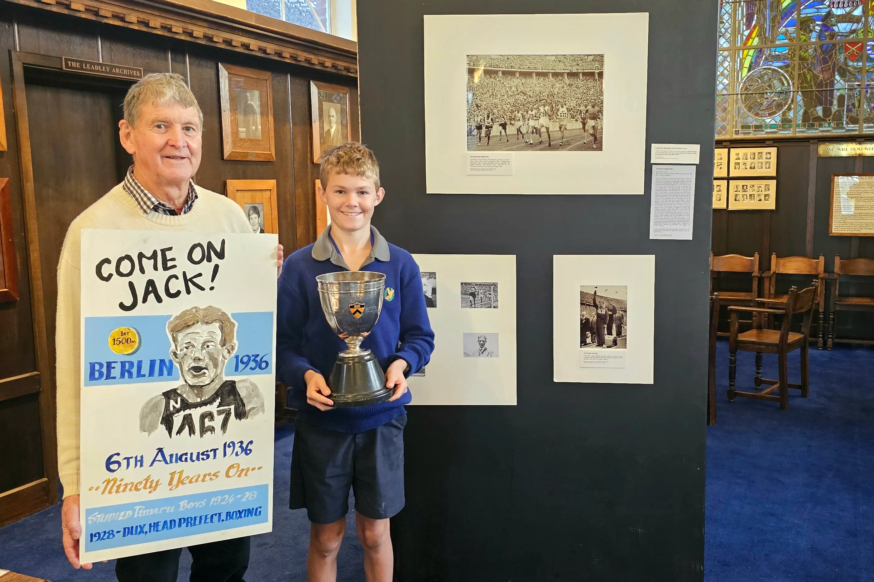 Preparing for the \"COME ON JACK\" exhibition this week are exhibition organiser Kevin O\\'Sullivan and Timaru Boys\\' High School student Matthew Innes, 14. Photo: Connor Haley
