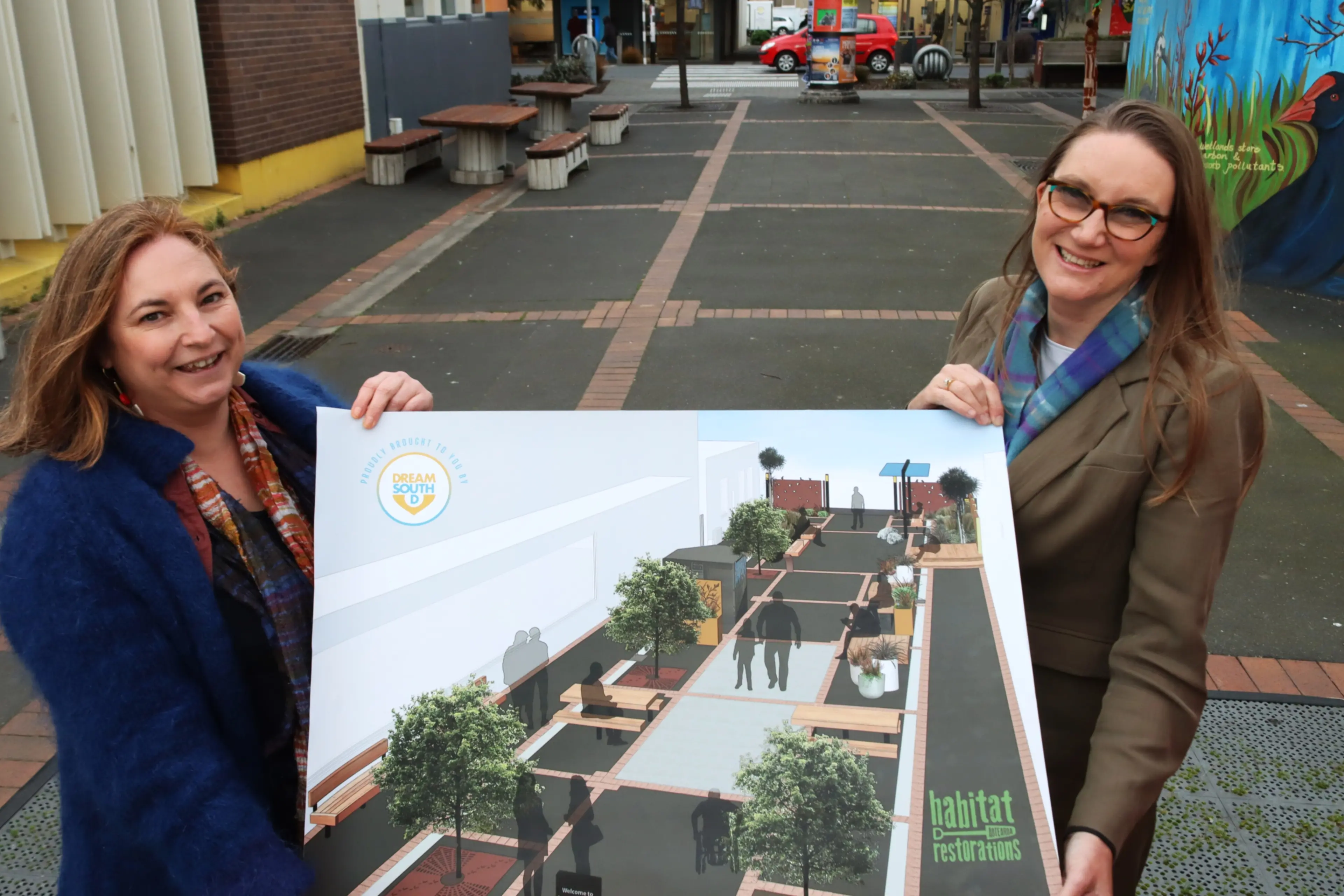 Looking forward to sharing revitalisation plans for Lorne St are Dream South D project lead Rosie Hill (left) and communications lead Vanessa Kirkpatrick. Photo: Sam Henderson