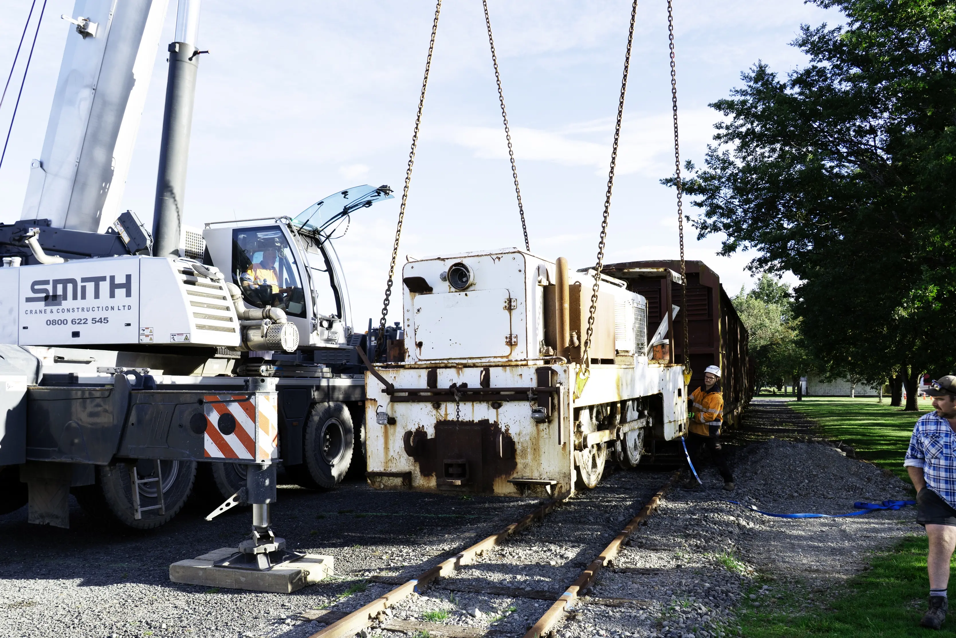 One of the two locomotives arriving in Lumsden, dropped straight on the tracks via crane. Photo: Southland District Council