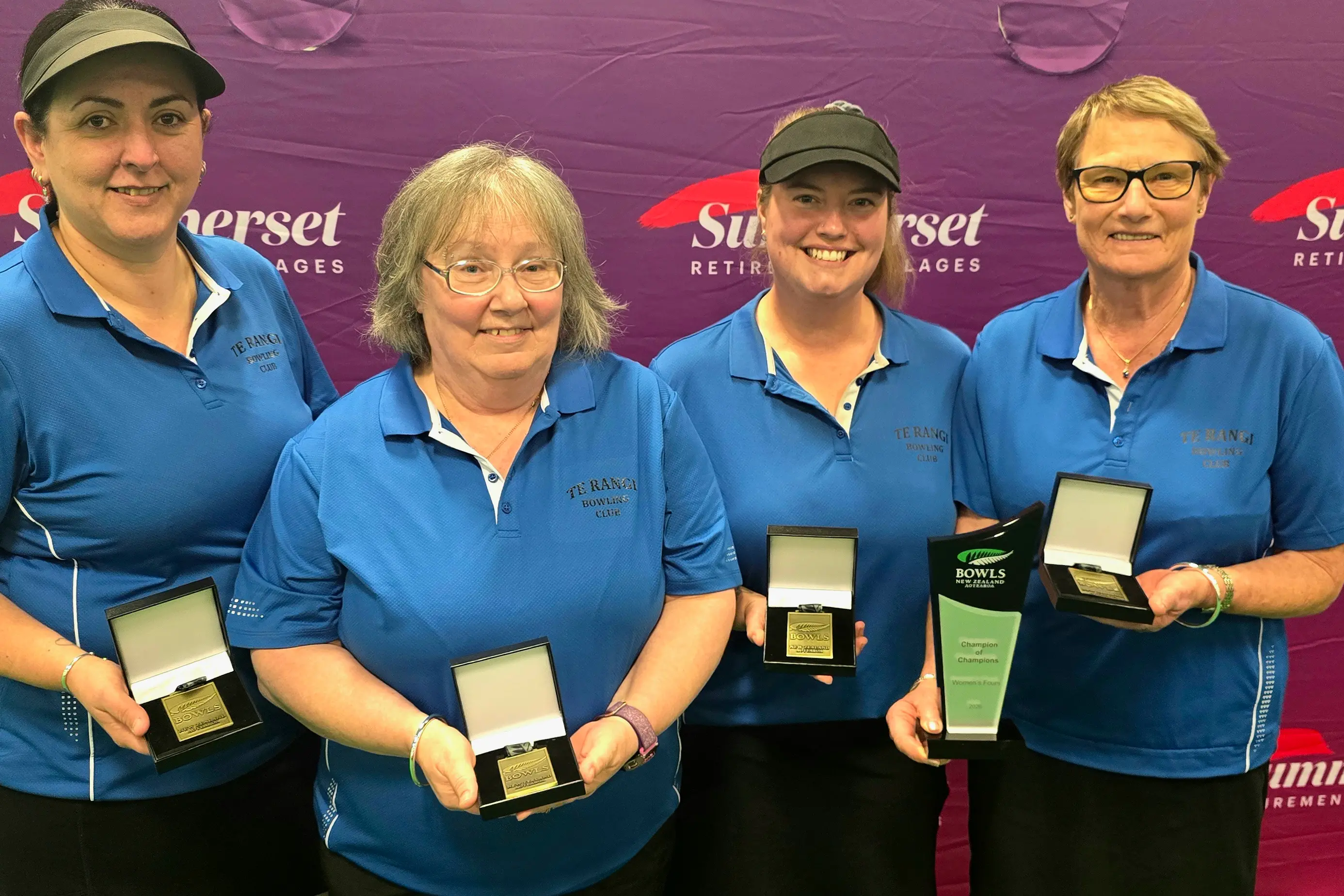 Te Rangi Bowling Club members (from left) Emma Hanley, Karen Thomas, Kerry Heffer and Lynda Milne have won Bowls New Zealand champion of champions title at the weekend. Photo: Bowls NZ