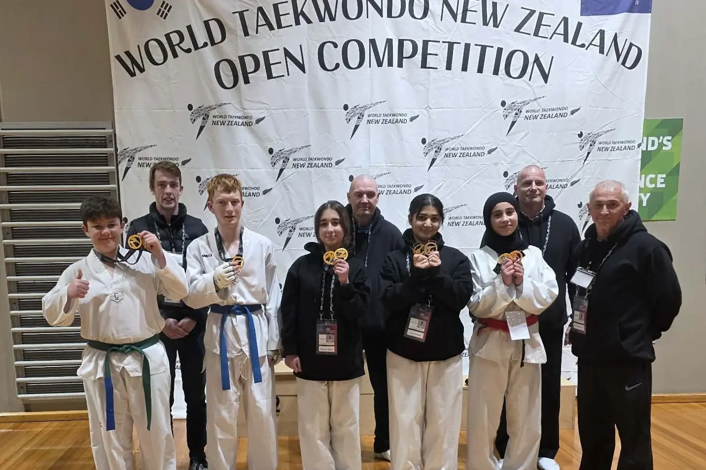 Timaru Olympic Taekwondo members at the World Taekwondo Tournament in Auckland on Sunday are (from left) Ryan Mowatt, 12, Keeley Jones, Astle Holden, 19, Nosha Bero, 14, Barry Clifford, Sozan Alhassen, 16, Shahid Yousef, 14, Glenn Cormack, Grant McKissock.\\u00A0 Photo: Supplied