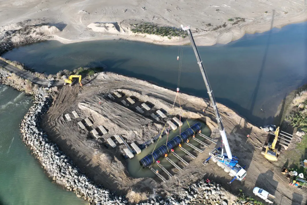 Otago Regional Council Puerua outfall structure upgrade works on the coastal Puerua River training wall at the mouth of the Clutha River, south of Balclutha, are nearing completion. Photo: Supplied