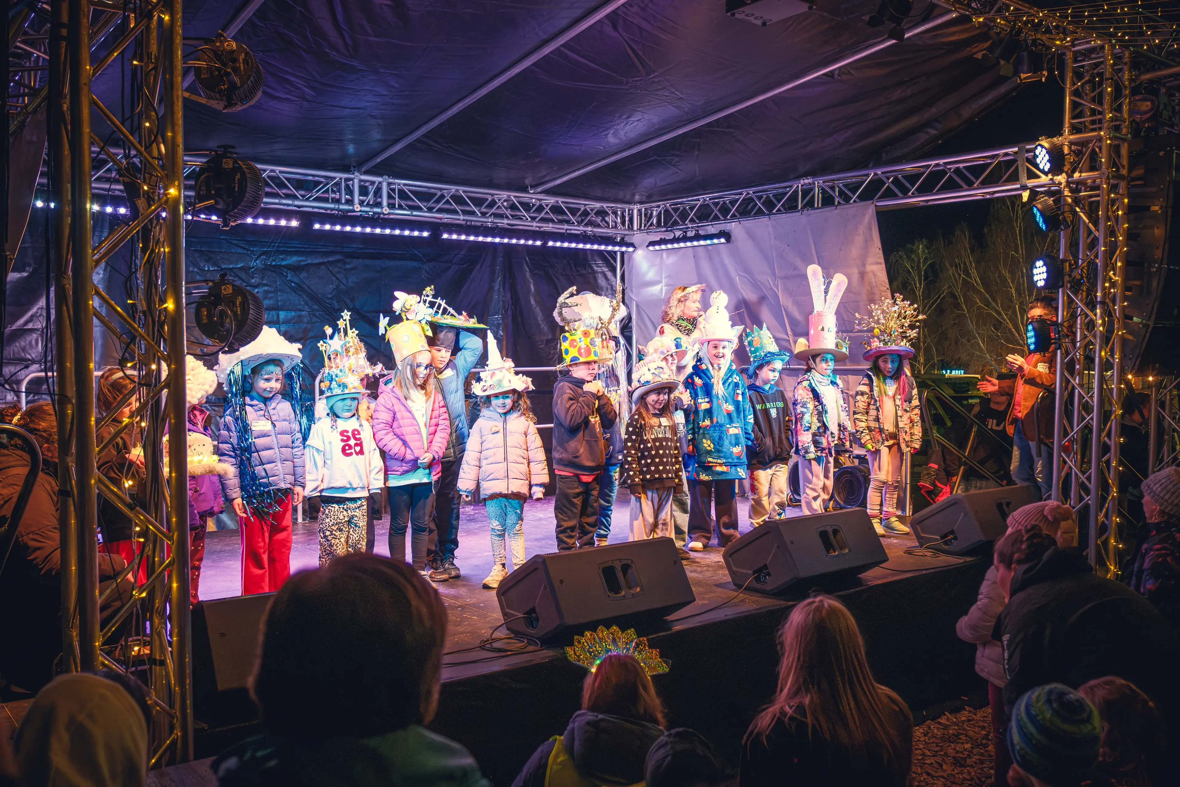 Young competitors show off their illuminated creations during the Light Up Your Hat competition parade, one of the highlights of Light Up Winter in Cromwell. Photo: Keyframe Media
