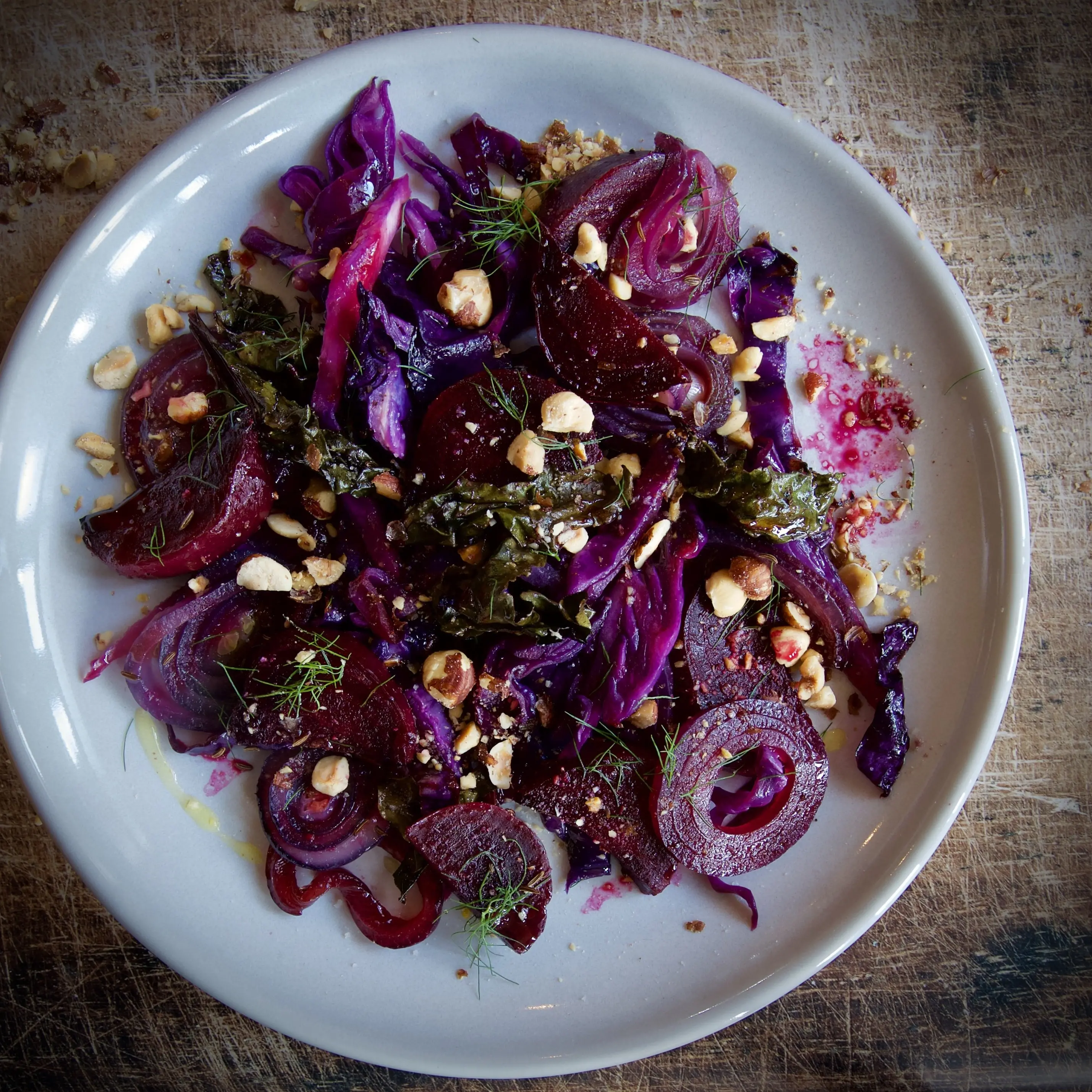 Warm roasted red cabbage, beetroot and onion salad