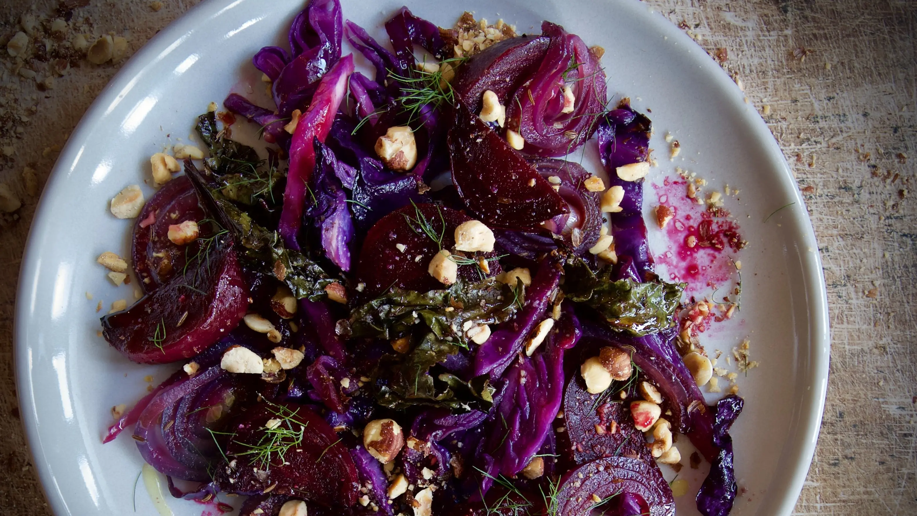 Warm roasted red cabbage, beetroot and onion salad