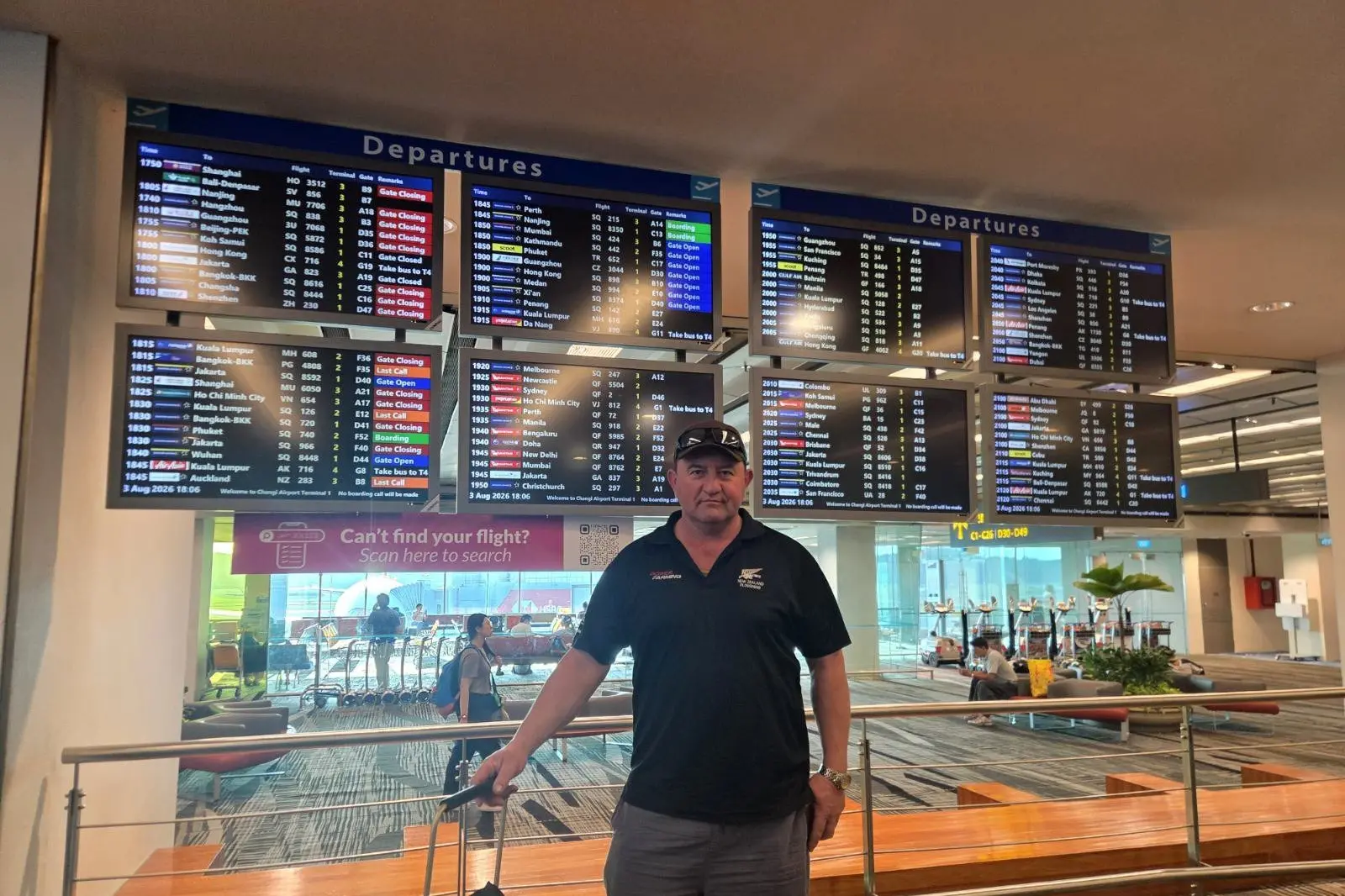 New Zealand ploughman Mark Dillon, of Northern Southland, in transit in Singapore on his way to the 71st World Ploughing Championship in Croatia. Photo: Sonia Dillon