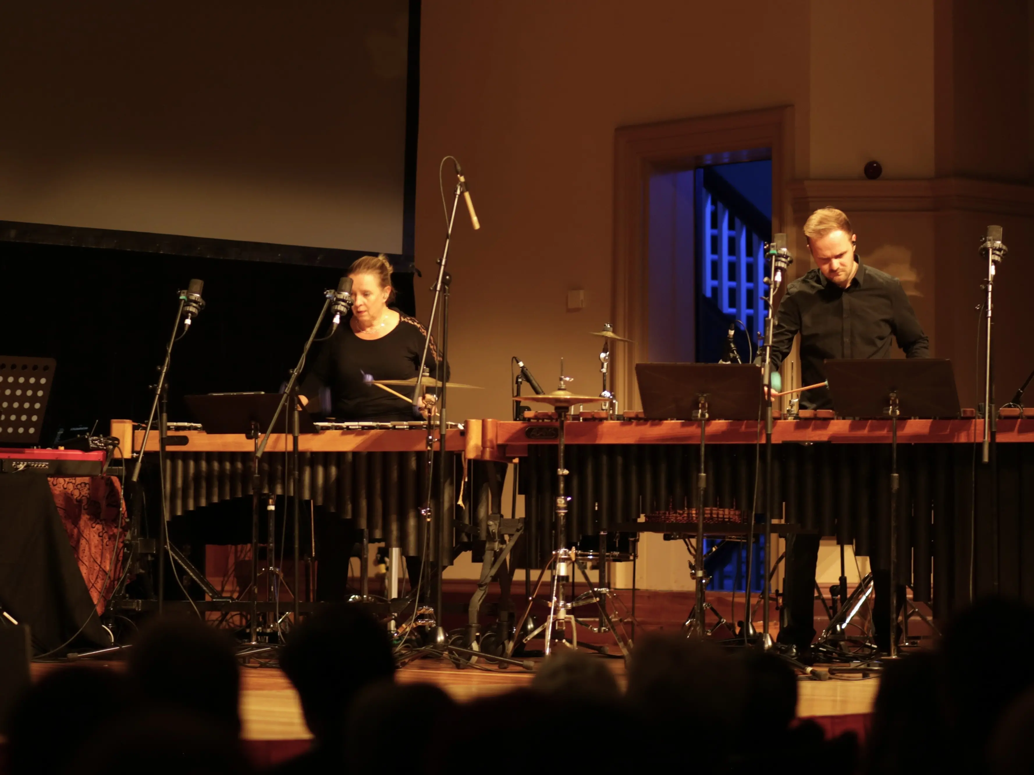 John Psathas Group percussionists Katarzyna Mycka and Fabian Ziegler. Photo: Megan Blackwell