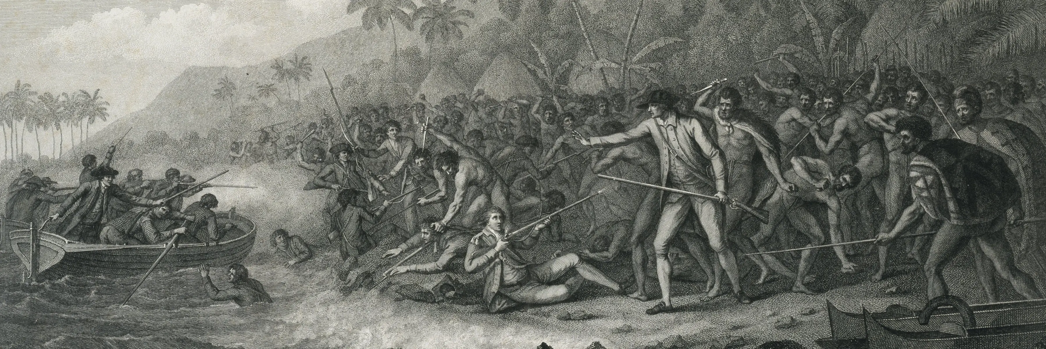 This 1785 engraving by the artist Francesco Bartolozzi captures Captain James Cook\\'s last moments, as he gestures, ambiguously, towards his men just offshore. It is one of many renderings of the scene. Photo: Alexander Turnbull Library, C-036-010