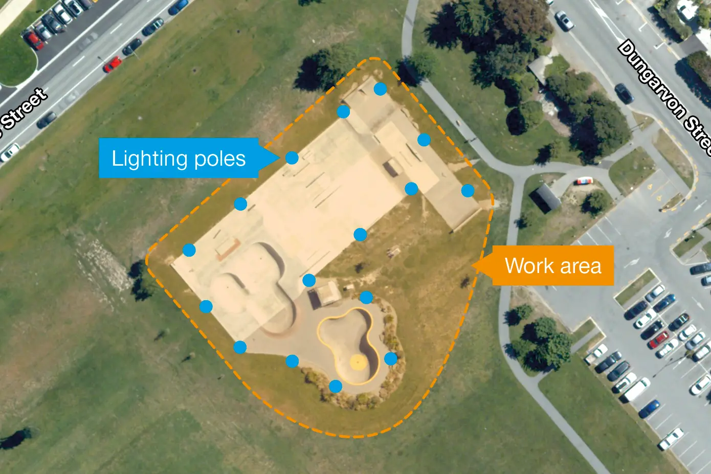 Plans to add lighting at the W\\u0101naka skatepark. Construction started on Monday, August 3, and is set to take around six weeks to be completed. Image: Supplied