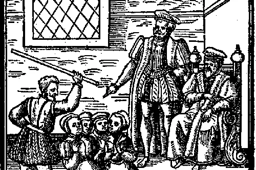 Suspected witches kneeling before King James; Daemonologie (1597). IMAGE: WIKIPEDIA