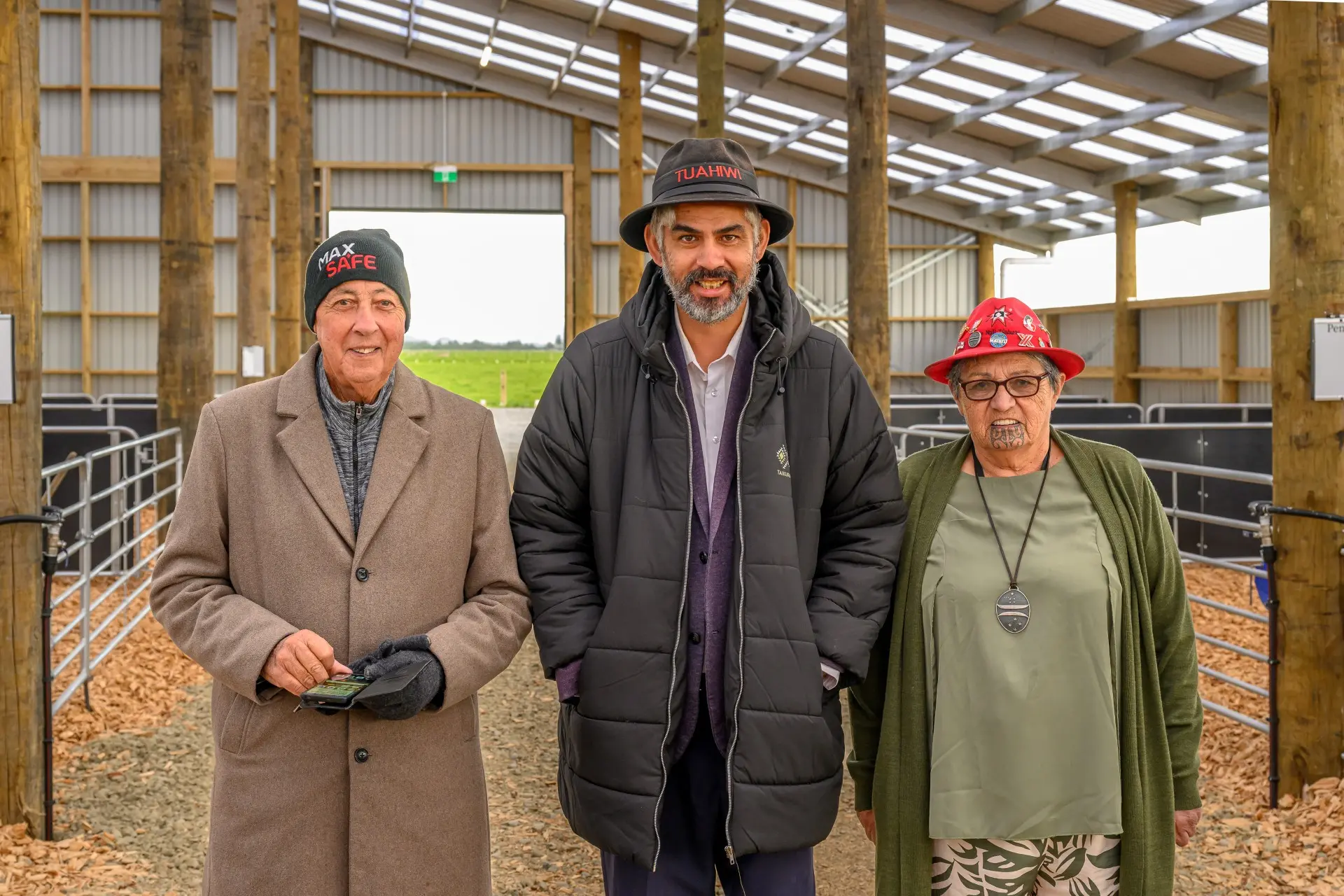 Te K\\u014Dhaka . . . Tira-Roa Byron Maxwell Reuben (left), Maaka Tau, and Tawhai Kimura at the blessing of the new centralised dairy beef calf rearing facility at Te Whenua Hou in Eyrewell. Photo: Supplied