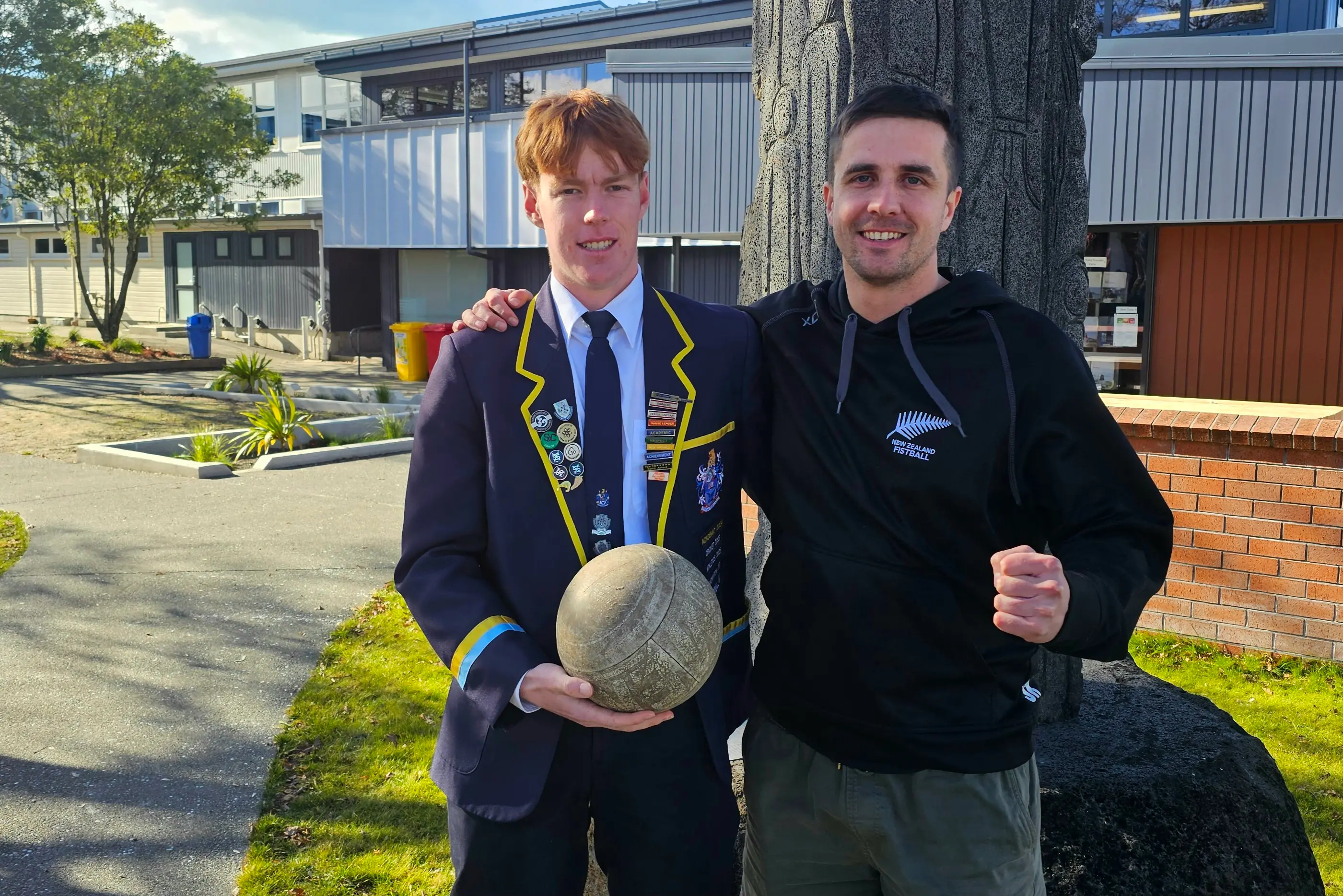 Celebrating a first successful outing for the New Zealand under-18 fistball team are captain Reuben McKeown and coach Sam Kempf. Photo: Connor Haley