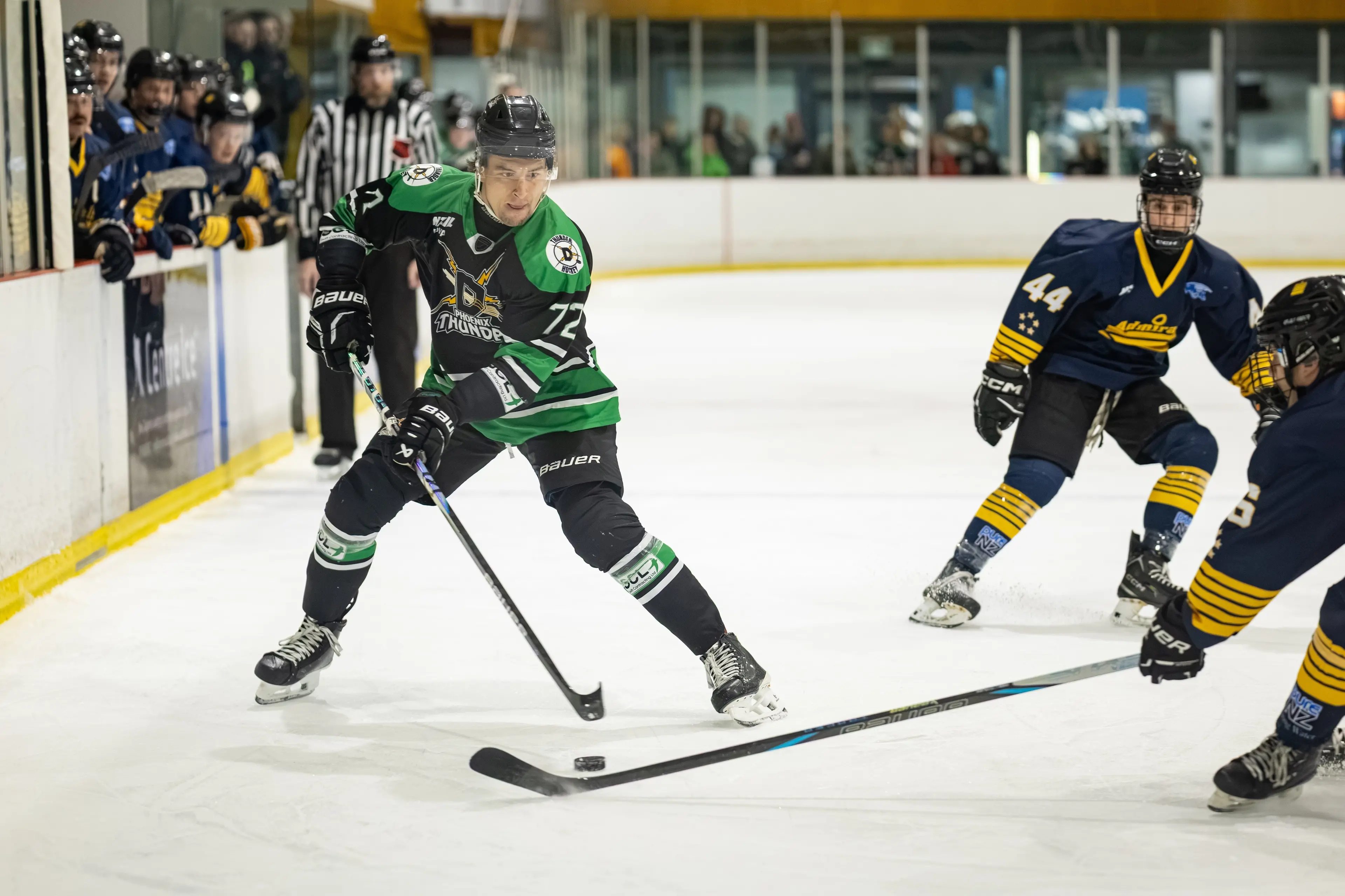 Dunedin Thunder import Samuel Loiselle, who scored the winning goal, controls the puck against the West Auckland Admirals in Dunedin on Saturday. Photo: Keaphotos