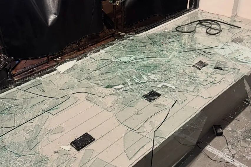 The damage caused to Guild\\'s front wiondow during a disorderly incident on Stuart St on Saturday night.