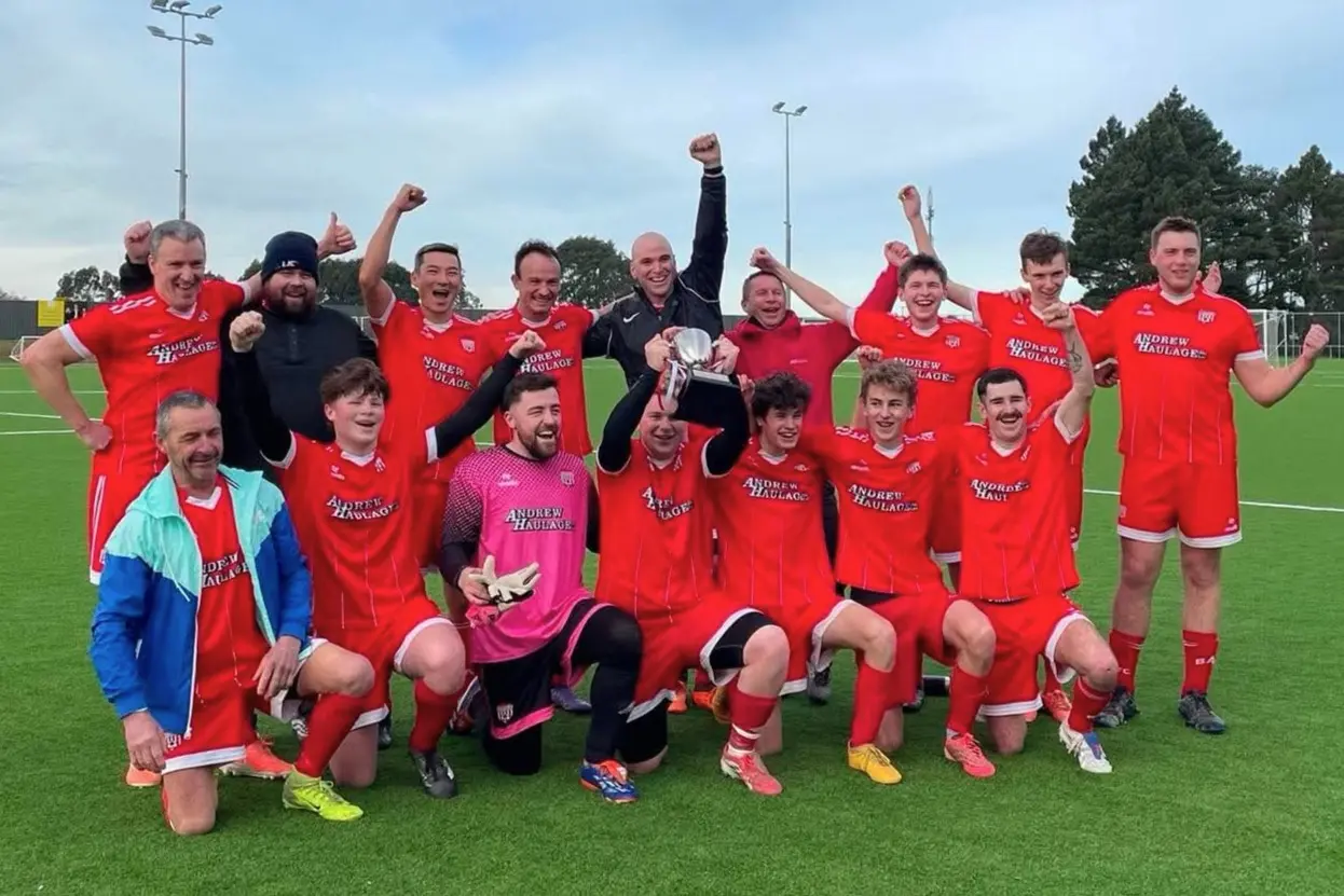 Andrew Haulage Senior Men celebrate beating Southend United 2-1 in the final of the Edinburgh Trophy at Turnbull-Thomson Park in Invercargill on Saturday. Photo: Supplied