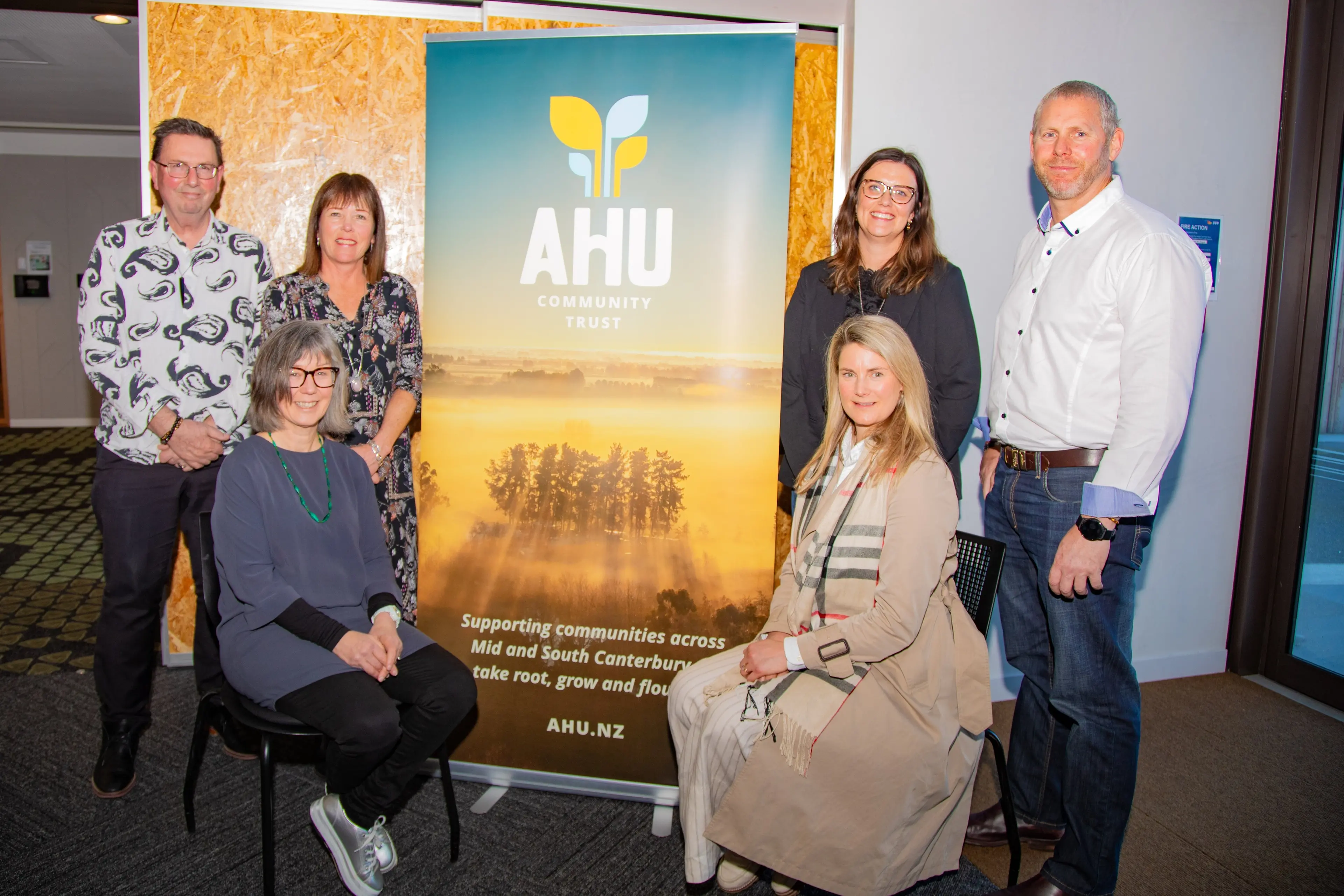 Ahu Community Trust rebranding was celebrated at an event in Ashburton attended by members of the board including from Ashburton Leandra Fitzgibbon and Andy Grant (back right) and front Janine Holland (left) and Charlotte Sherratt along with chief executive Tim Barnett (back left) and chair Diane Hay (back second from left). Photo: Heather Mackenzie.