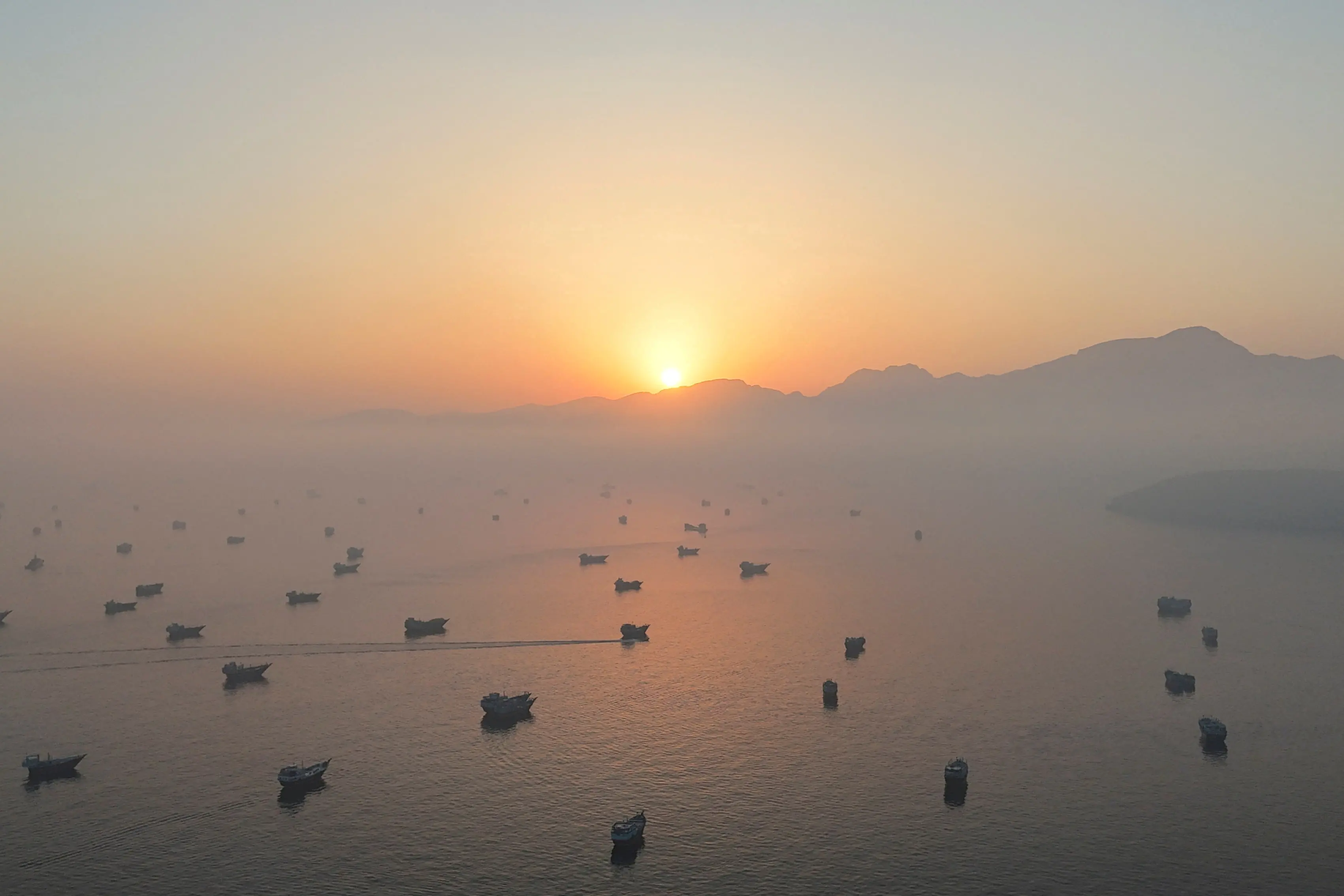 A drone view shows vessels in the Strait of Hormuz, as seen from Musandam, Oman. File photo: Reuters