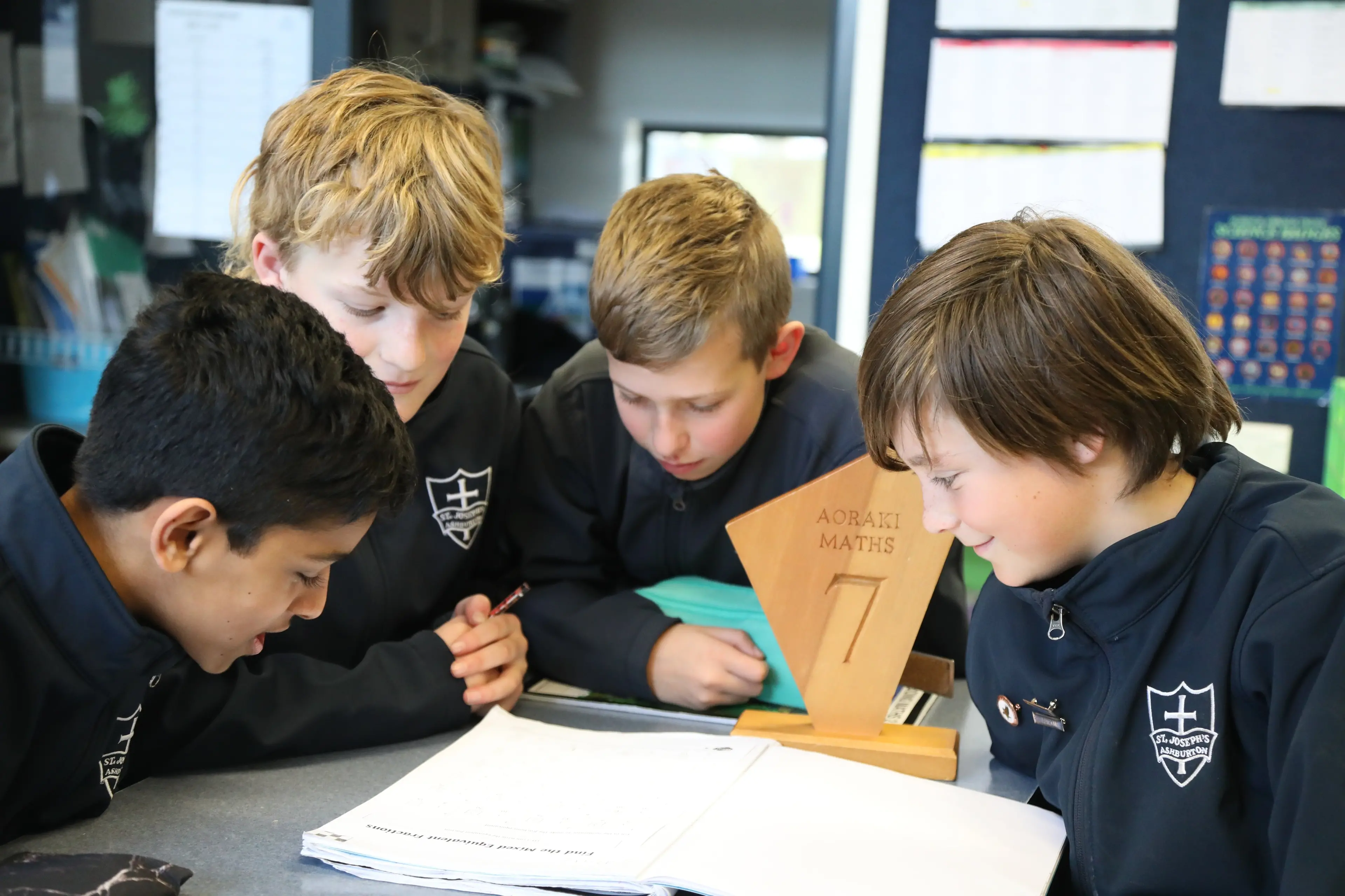 With a perfect score St Joseph\\'s Ashburton maths team Noah Shibu Left, Oakley Breading, James Hawe and Max Parkin  won the Year 7 Aoraki Maths Competition for the first time since the competition began. Photo: Heather Mackenzie