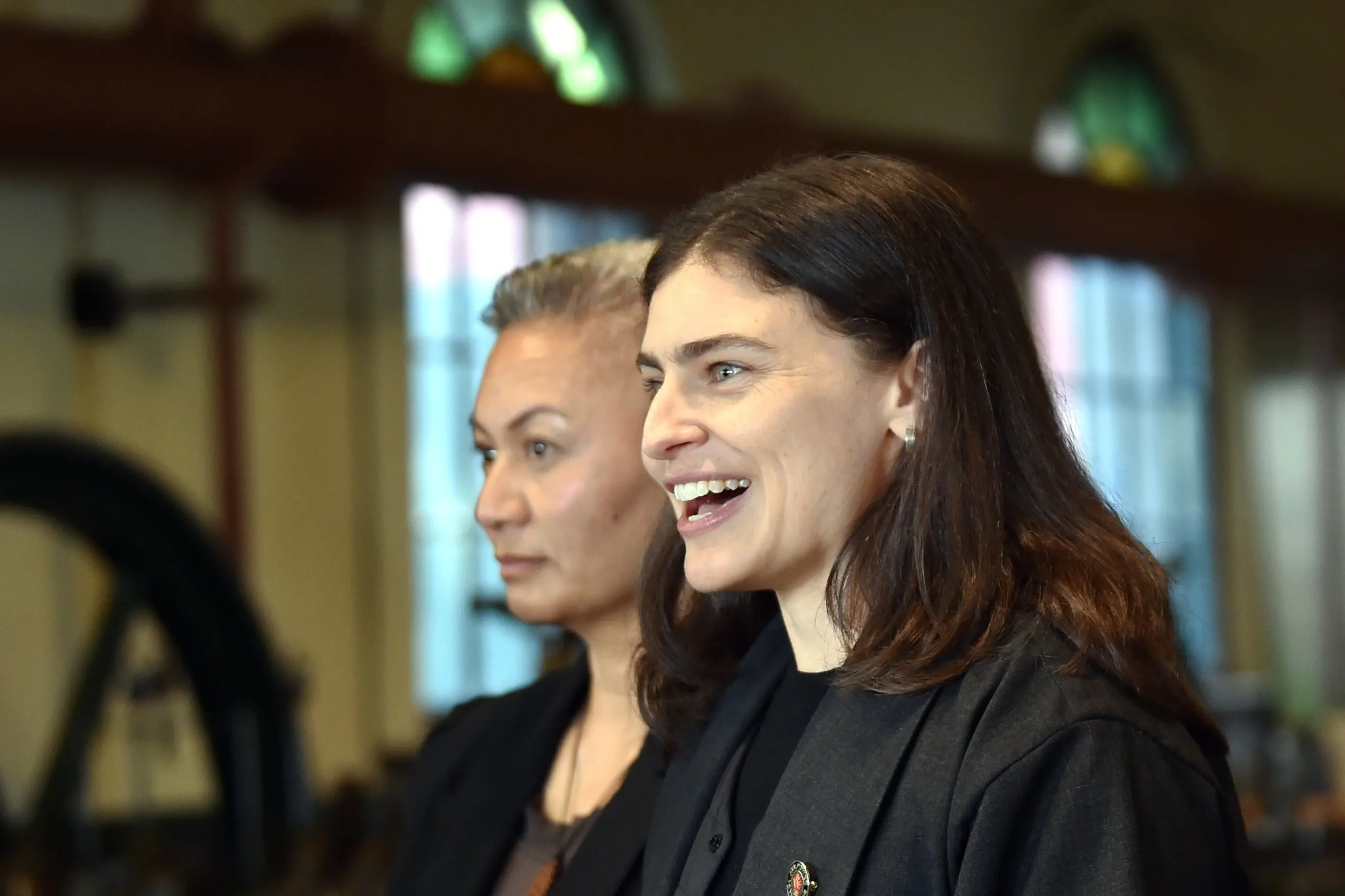 Green Party co-leaders Marama Davidson (left) and Chloe Swarbrick announce the party\\u2019s energy plan at the Dunedin Gasworks Museum last month. Photo: Peter Mcintosh