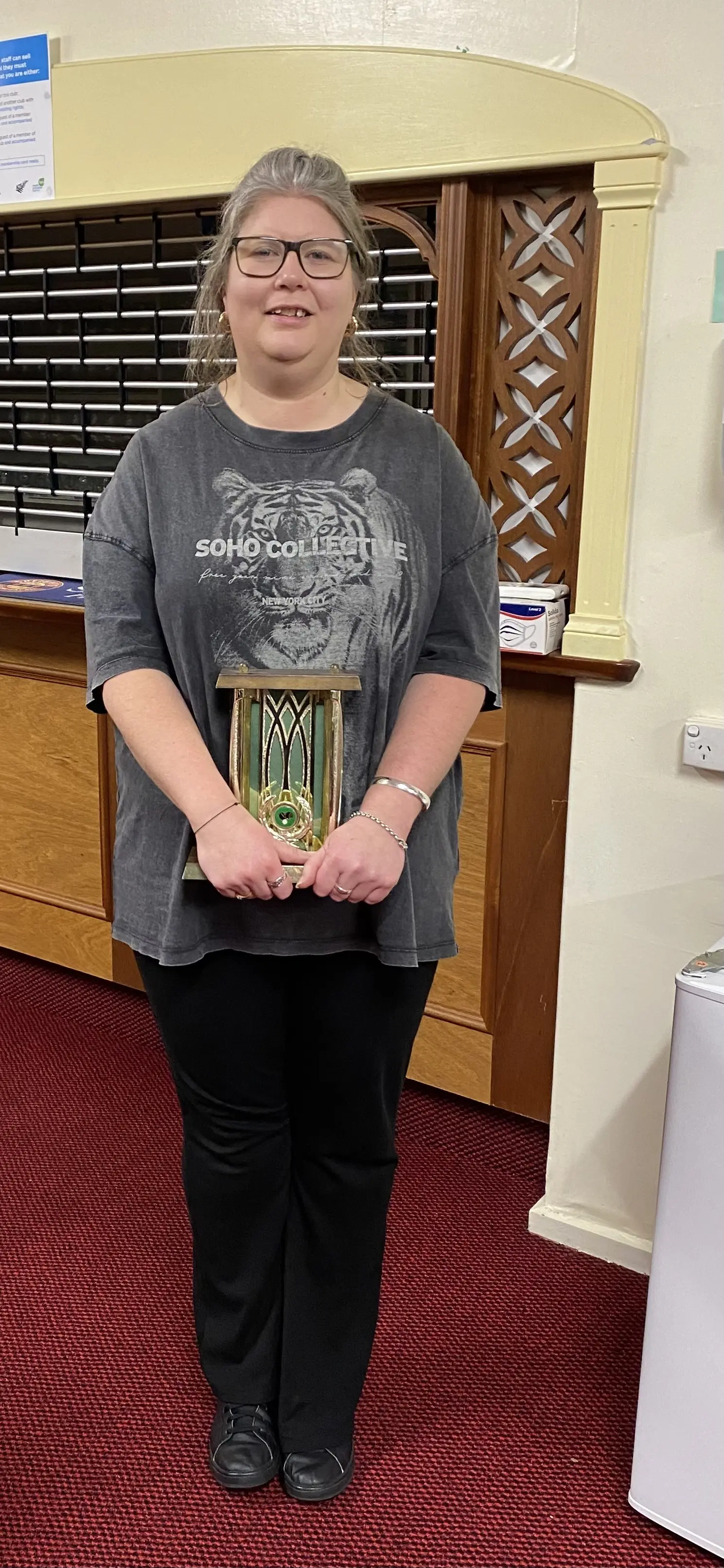 Kylie Gould with the Trust Bank Trophy after winning the South Canterbury Open Singles on Saturday. Photo: Supplied