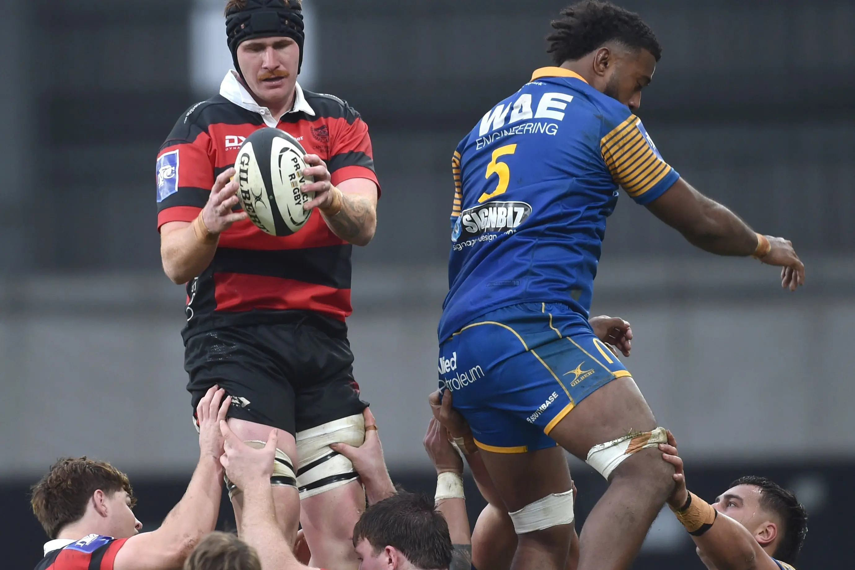 Canterbury lock Tahlor Cahill claims the ball despite the efforts of Otago\\'s Joseva Tamani during a Ranfurly Shield match at Forsyth Barr Stadium on Sunday. Photo: Peter McIntosh