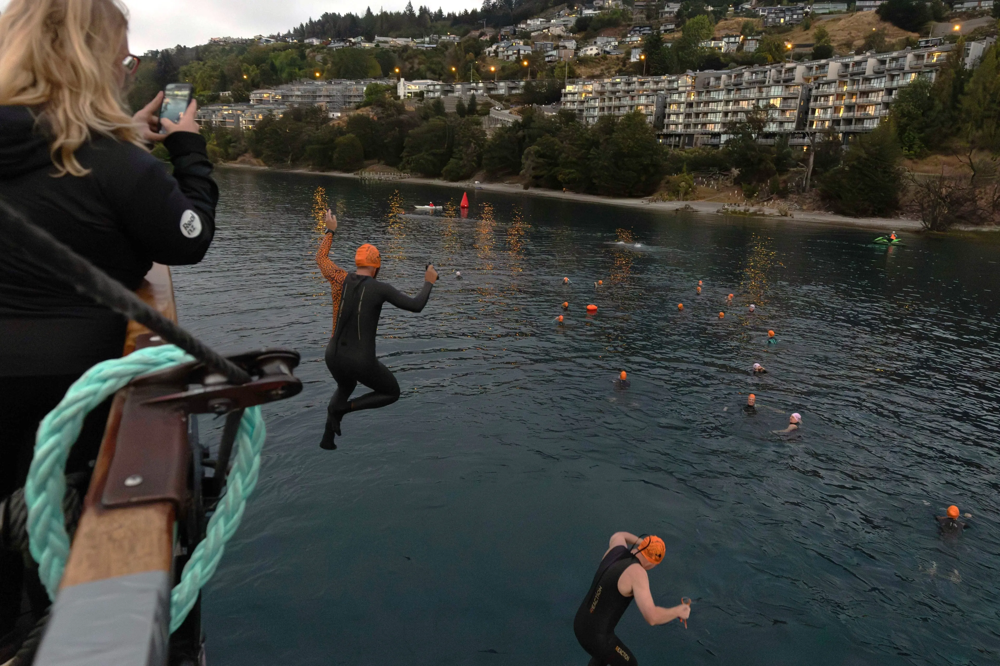 Swimmers leap off Queenstown\\u2019s  TSS Earnslaw in Frankton Arm during the Whakatipu Legend swimming event held in March this year. Photo: James Allan Photography