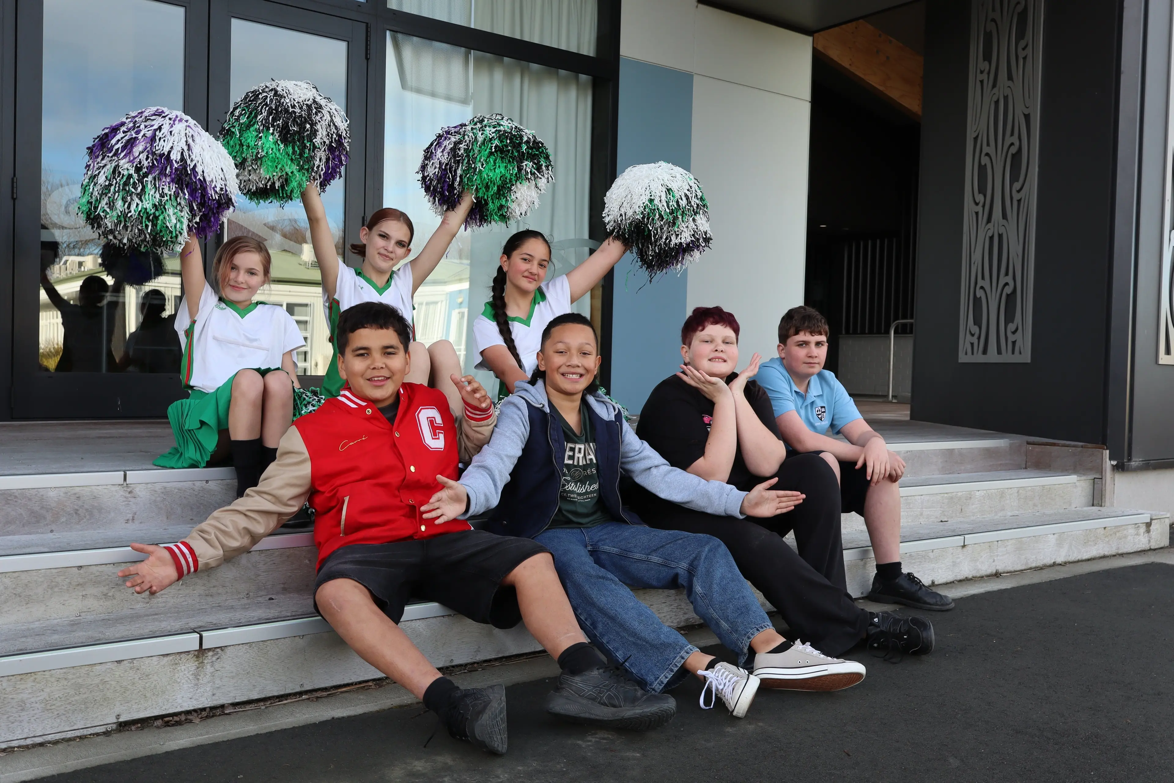 Opihi College students preparing to bring 13 Jnr to the stage are (back row) Ana South-Crisp (11), Olivia Mills (14), Angel Schwenke (12), (front row) Dreh Warena (11), Ezekiel Fialele (11), Lexxus Menzies-Bromley (12), and Cole Oliver (12). Photo: Supplied