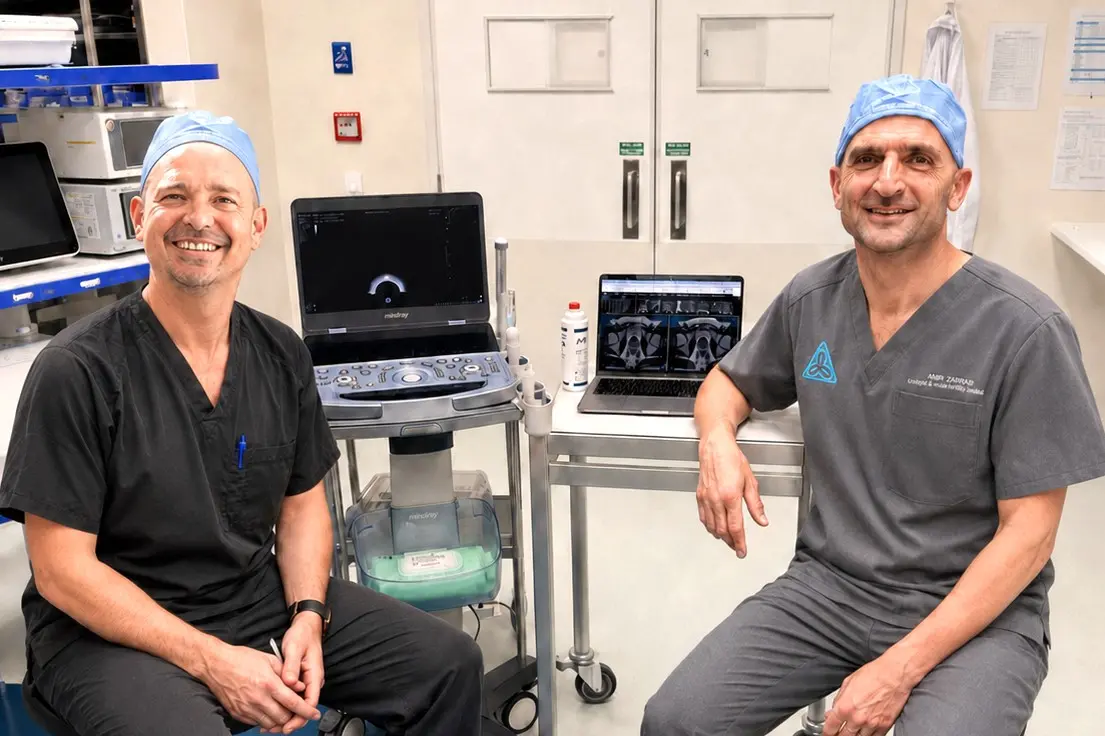 Leading edge: Urologists Wikus Vermeulen, left, and\\u00A0Amir Zarrabi with the\\u00A0new prostate biopsy tech at Queenstown\\u2019s Southern Cross Central Lakes Hospital. Photo: Supplied
